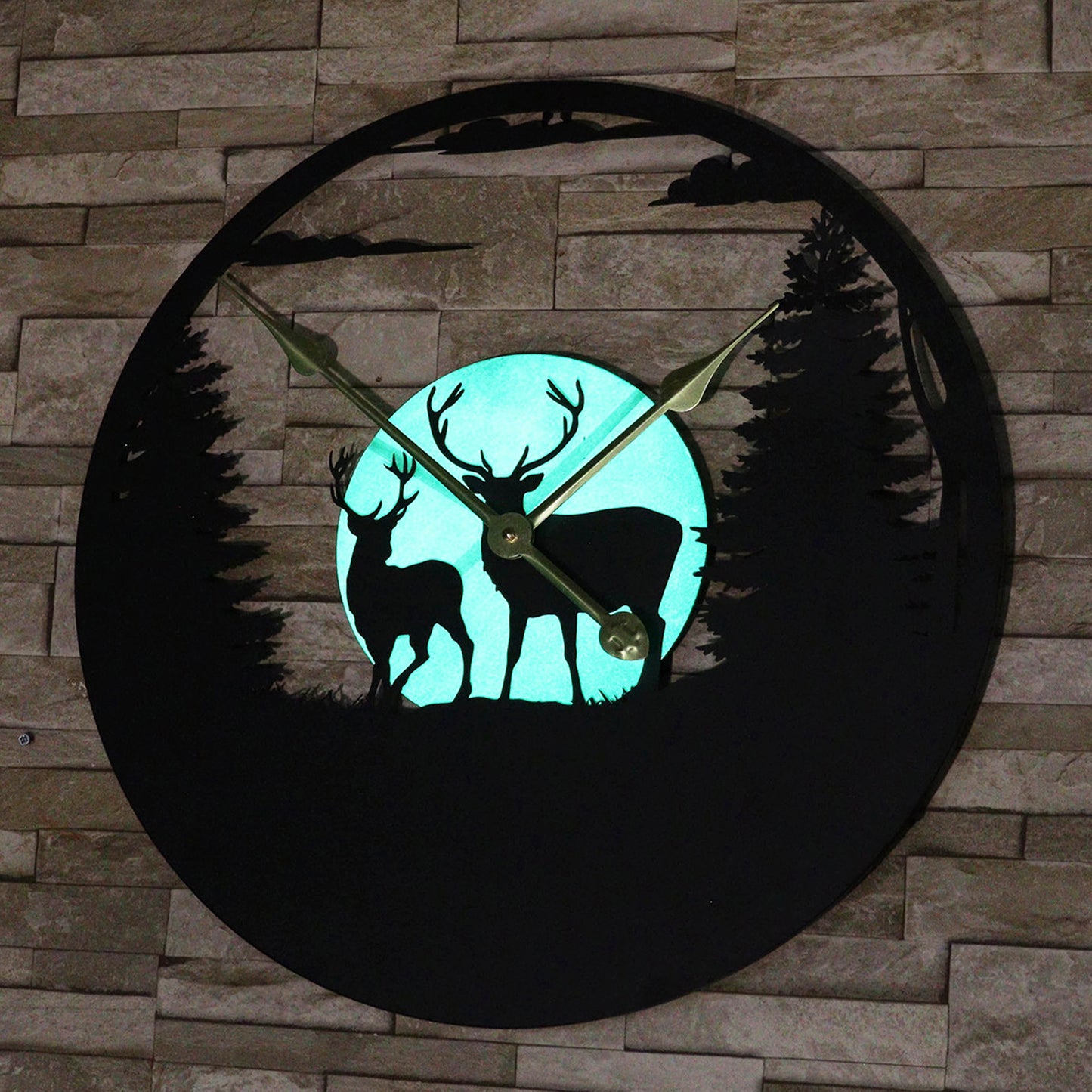 Forest Stags Silhouette Glowing Moon Garden Clock