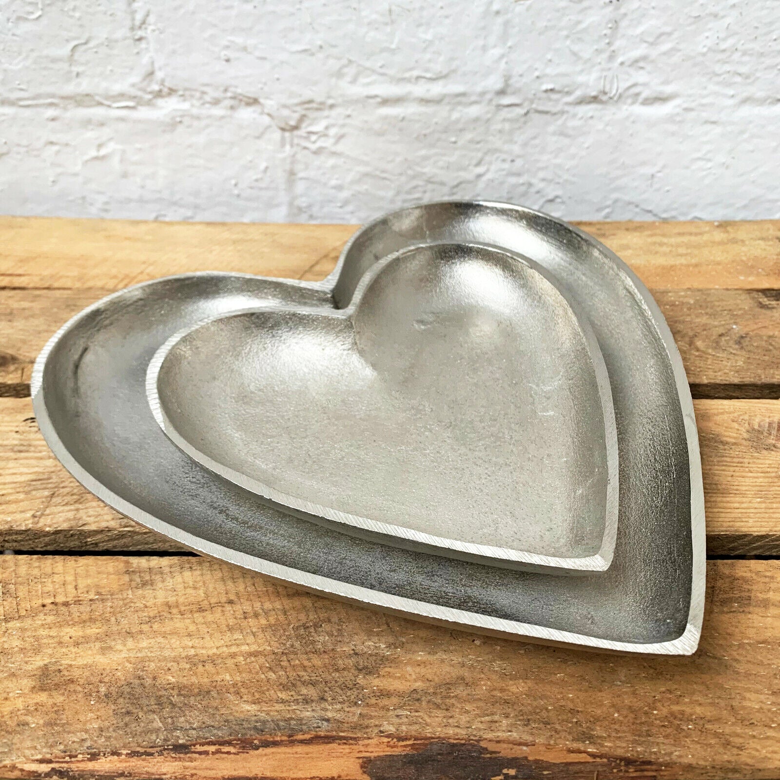 Set Of 2 Brushed Silver Love Heart Plates