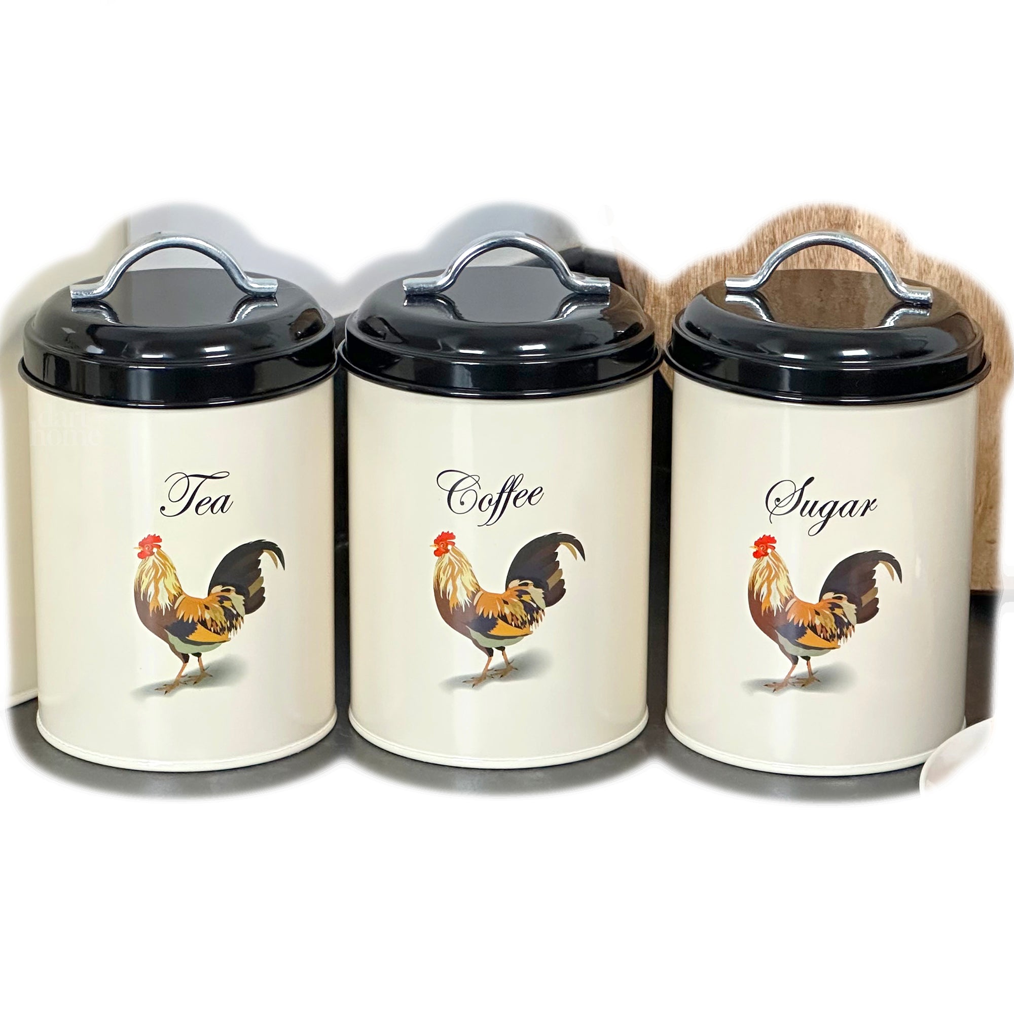 Set Of 3 Cockerel Tea Coffee Sugar Canisters