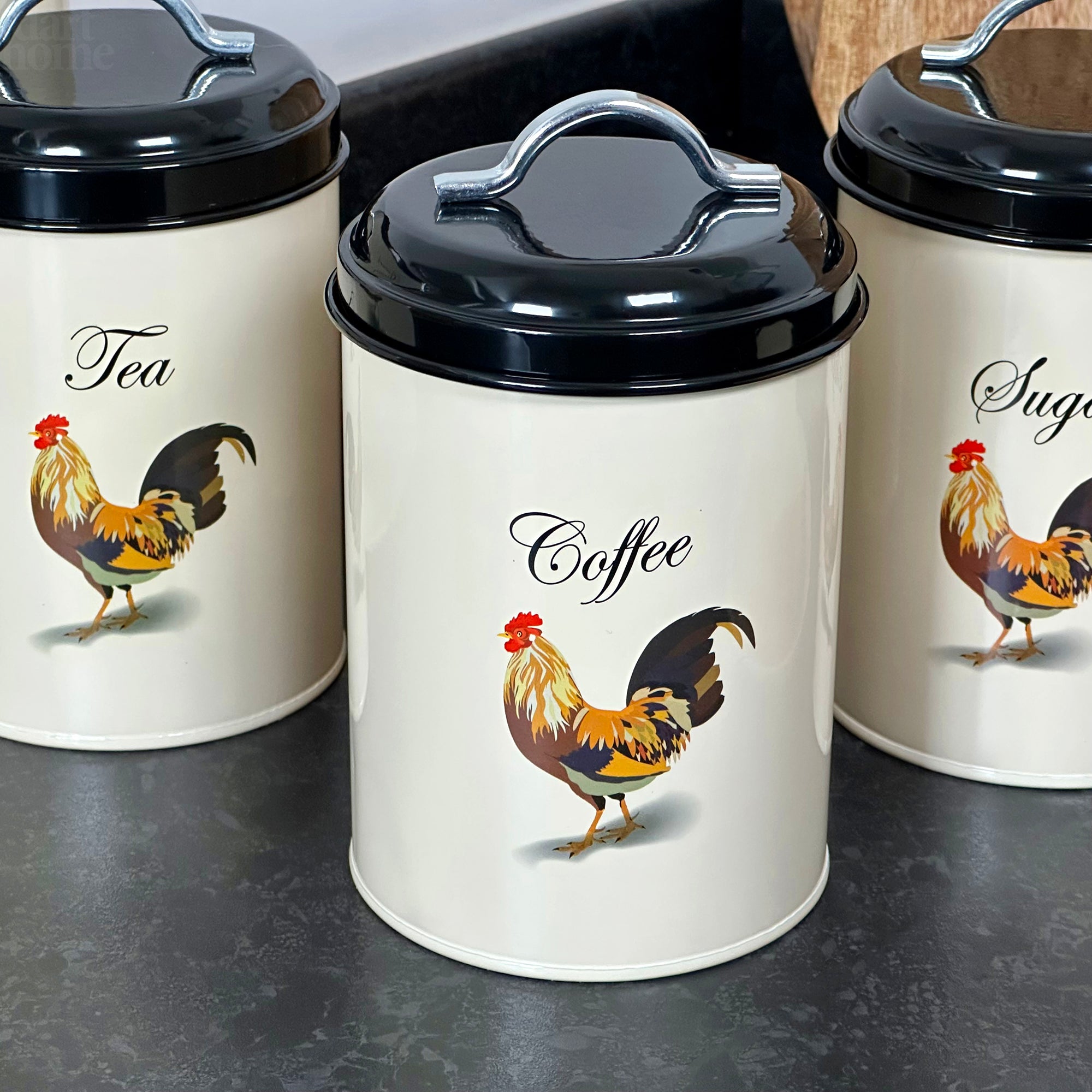 Set Of 3 Cockerel Tea Coffee Sugar Canisters