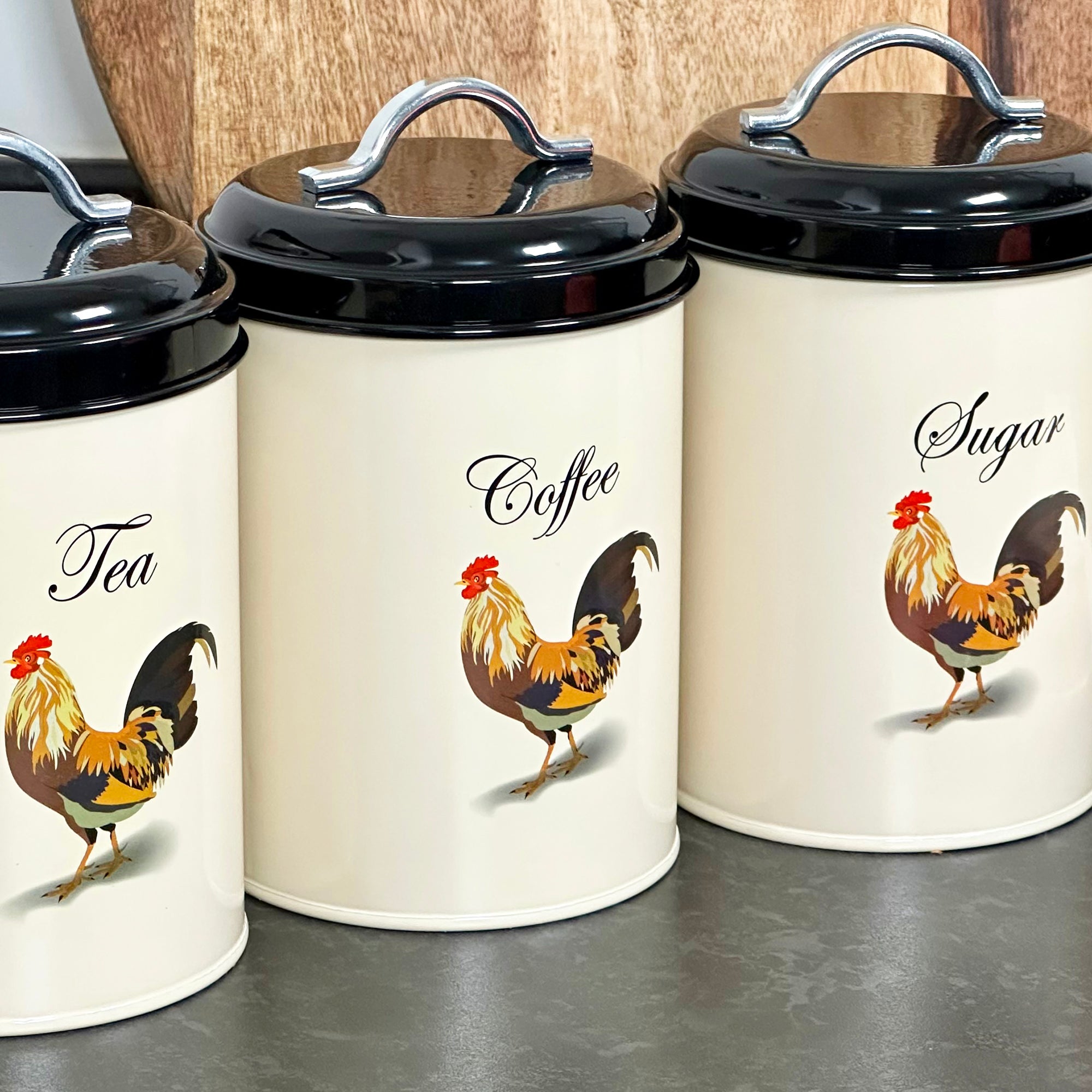 Set Of 3 Cockerel Tea Coffee Sugar Canisters