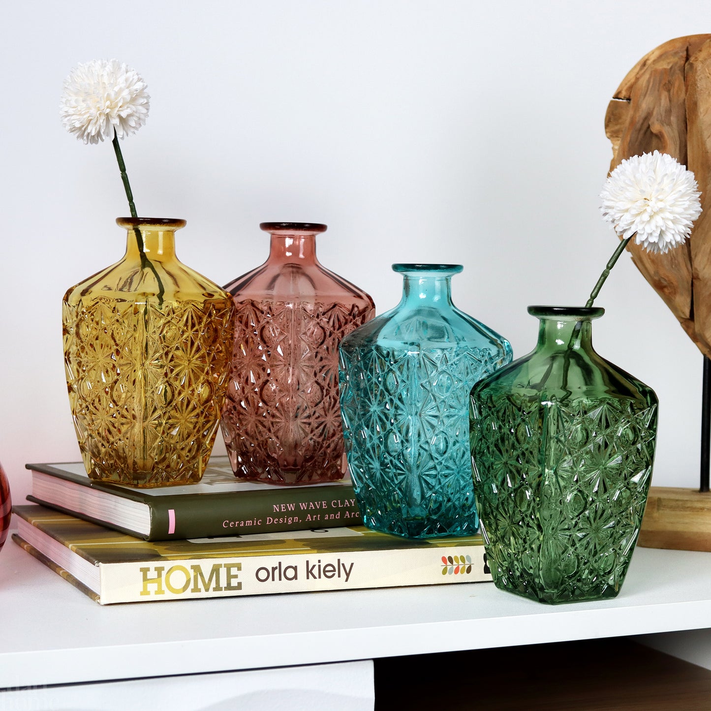 Set Of 4 Embossed Flower Coloured Bottles