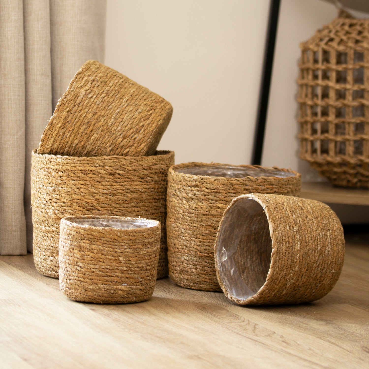Set Of 5 Seagrass Basket Planters