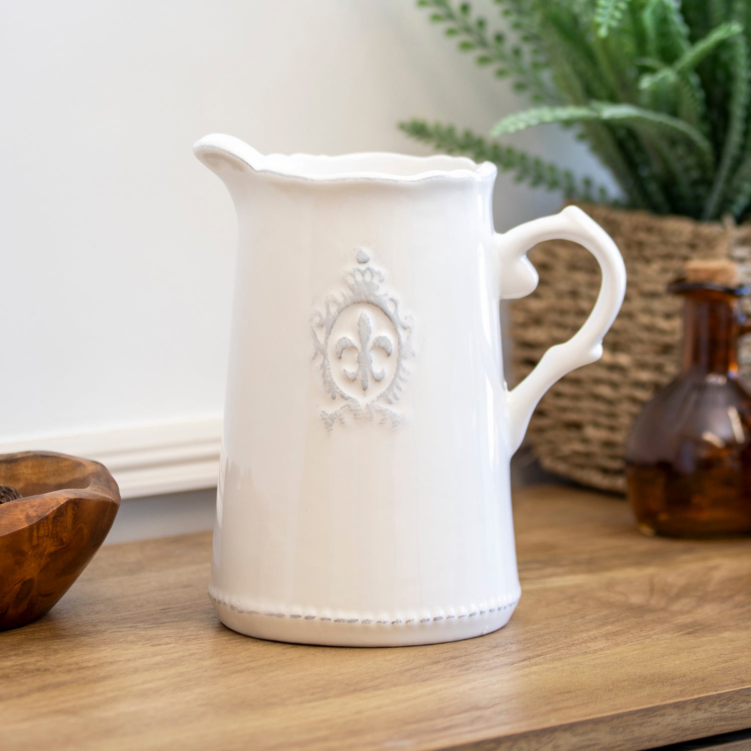 White Ceramic Fleur De Lis Jug