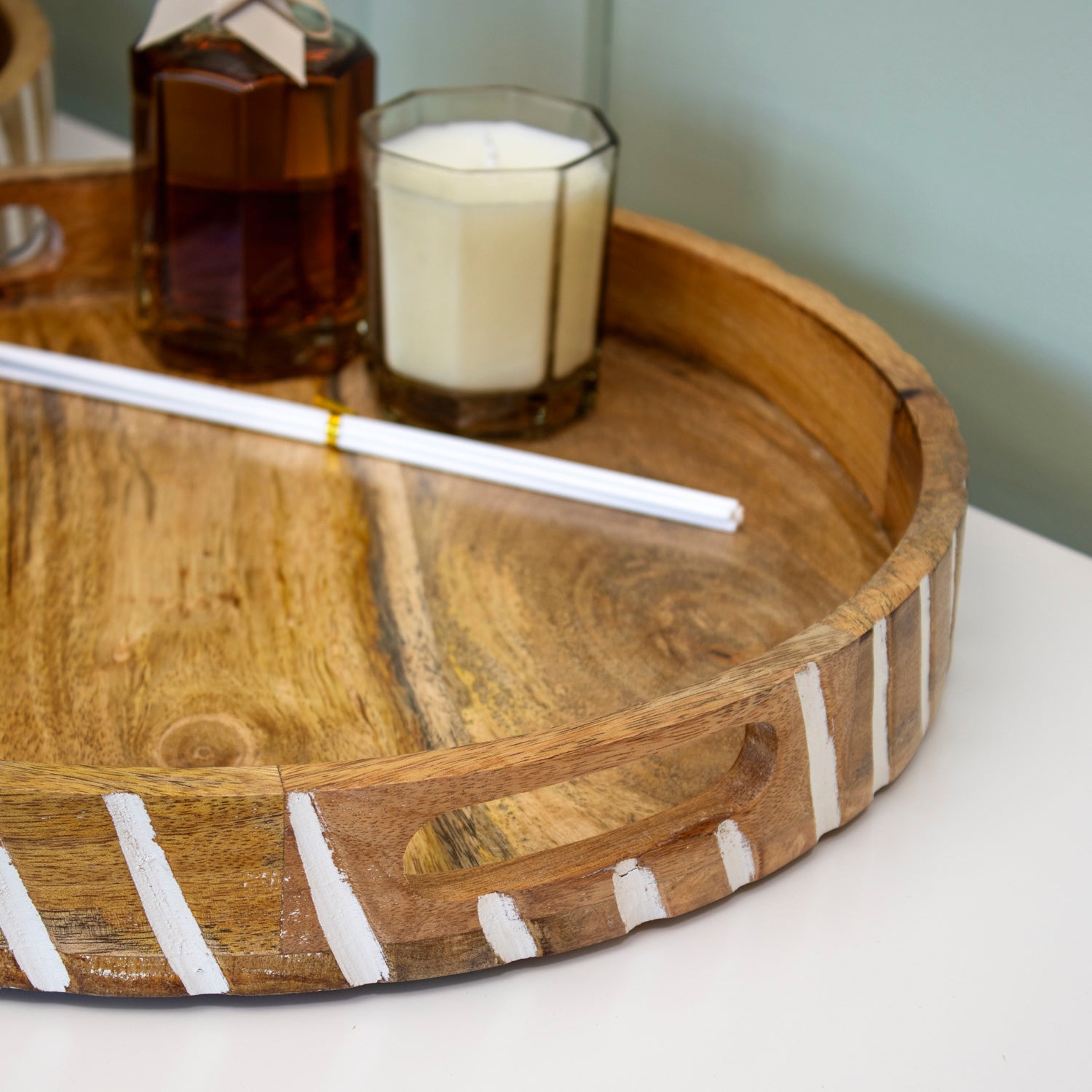 Round Stripe White Wash Mango Wood Serving Tray