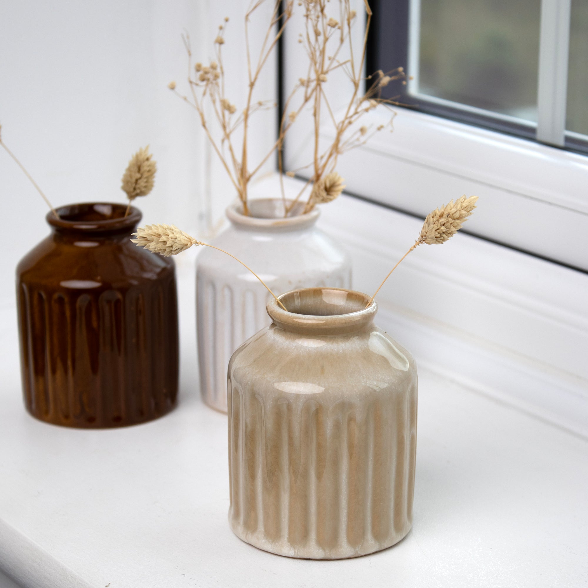 Set Of 3 Reactive Glaze Ribbed Bud Vases