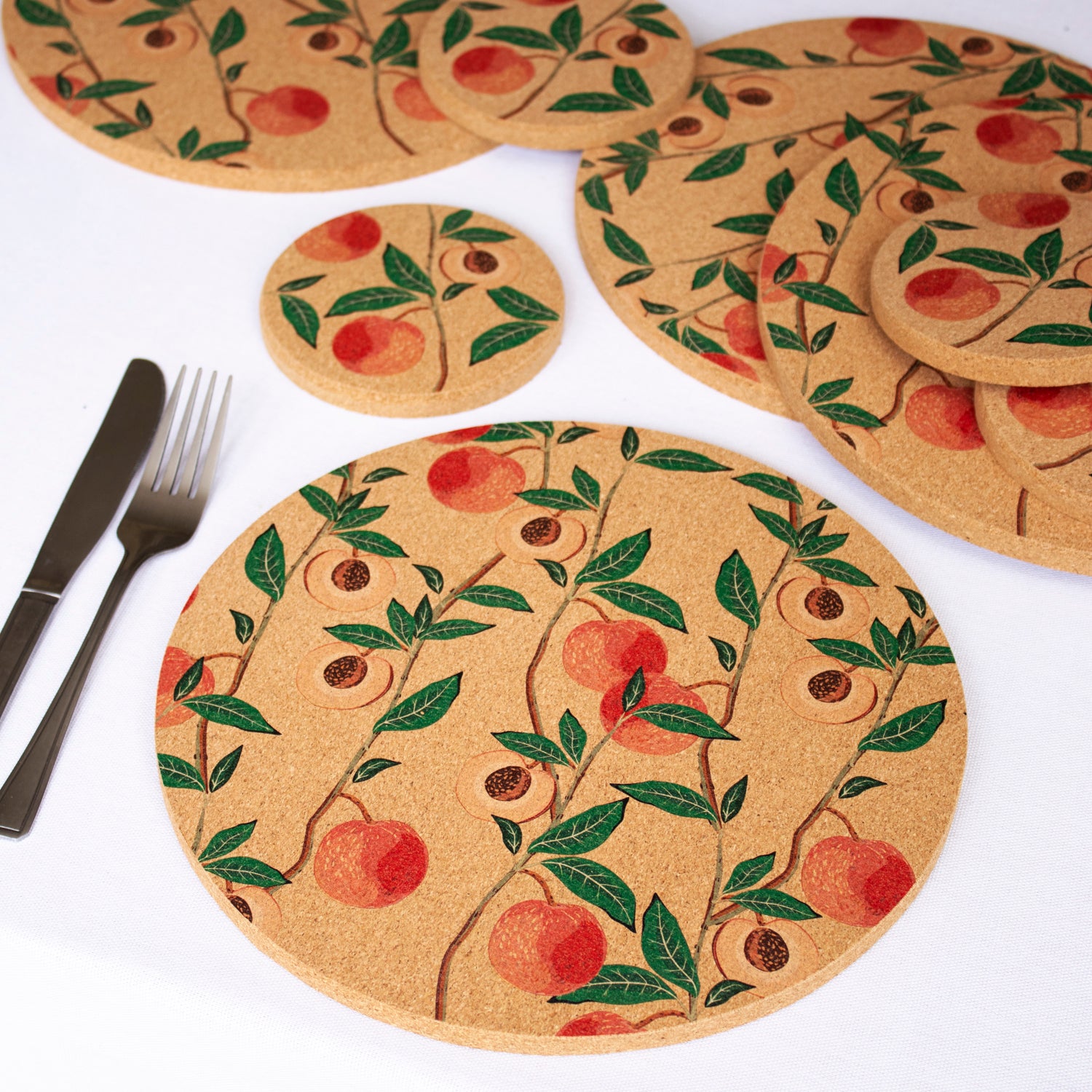 Set Of 4 Peach Tree Cork Placemats and Coasters
