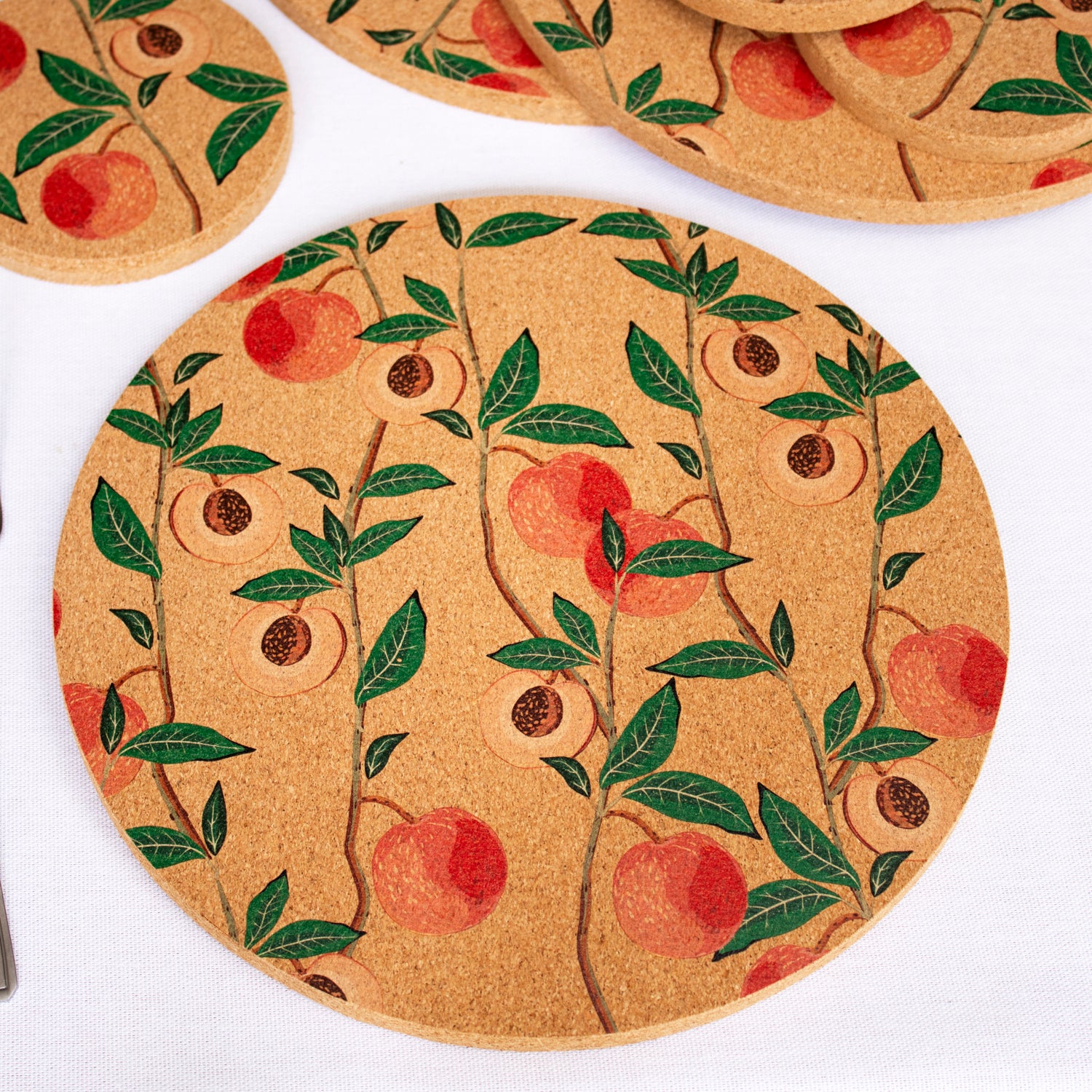 Set Of 4 Peach Tree Cork Placemats and Coasters