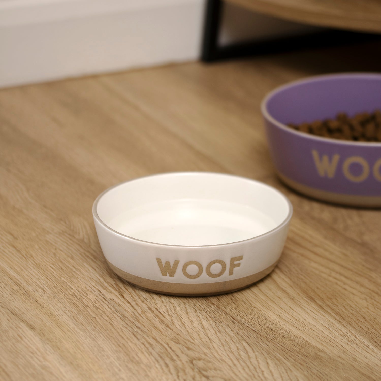 Set Of 2 Purple & White Woof Dog Bowls