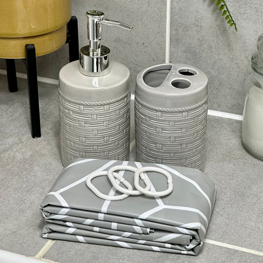Grey Geometric Bathroom Set With Shower Curtain