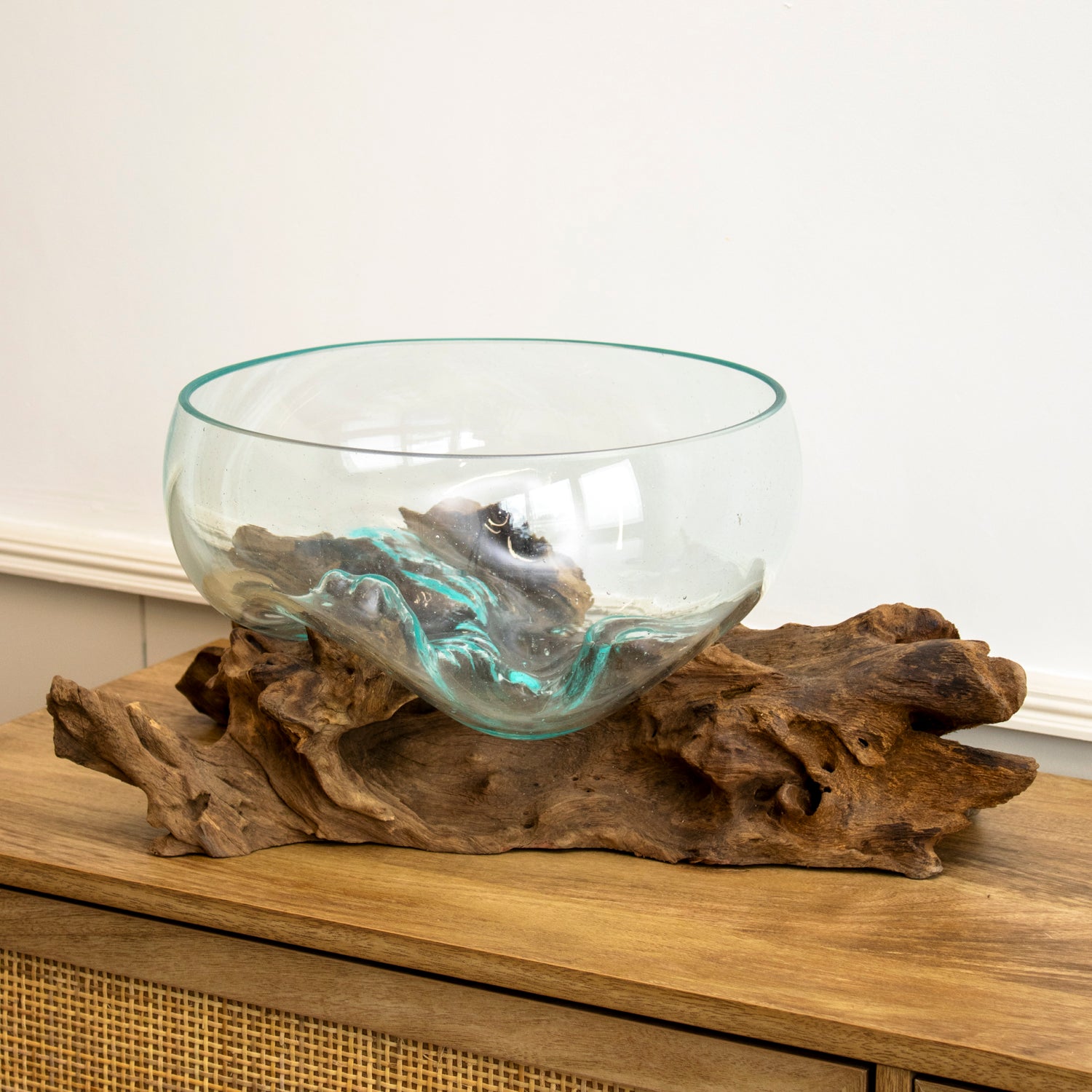 Darthome Extra Large Molten Glass Fruit Bowl On Teak Root Stand