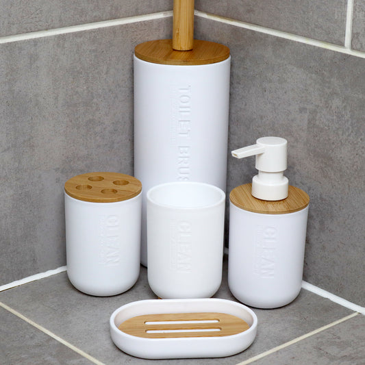 5 Piece White And Bamboo Bathroom Set