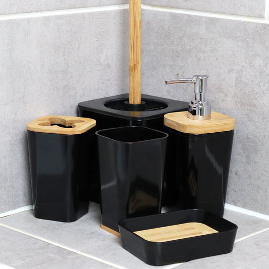5 Piece Black And Bamboo Bathroom Set
