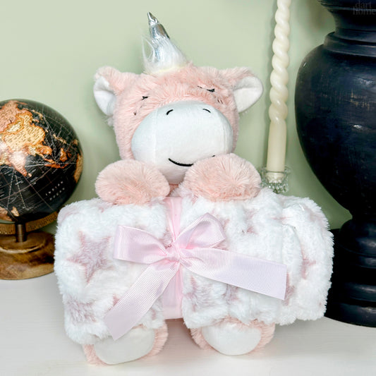 Pink Unicorn Plush With Fleece Blanket
