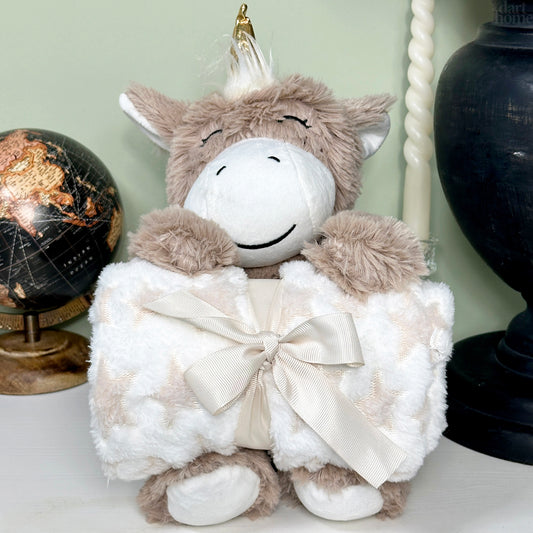 Light Brown Unicorn Plush With Fleece Blanket