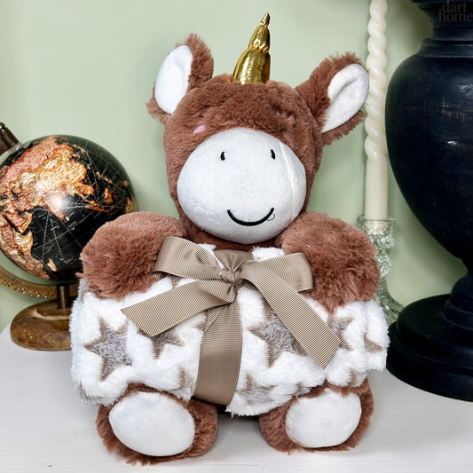 Brown Unicorn Plush With Fleece Blanket