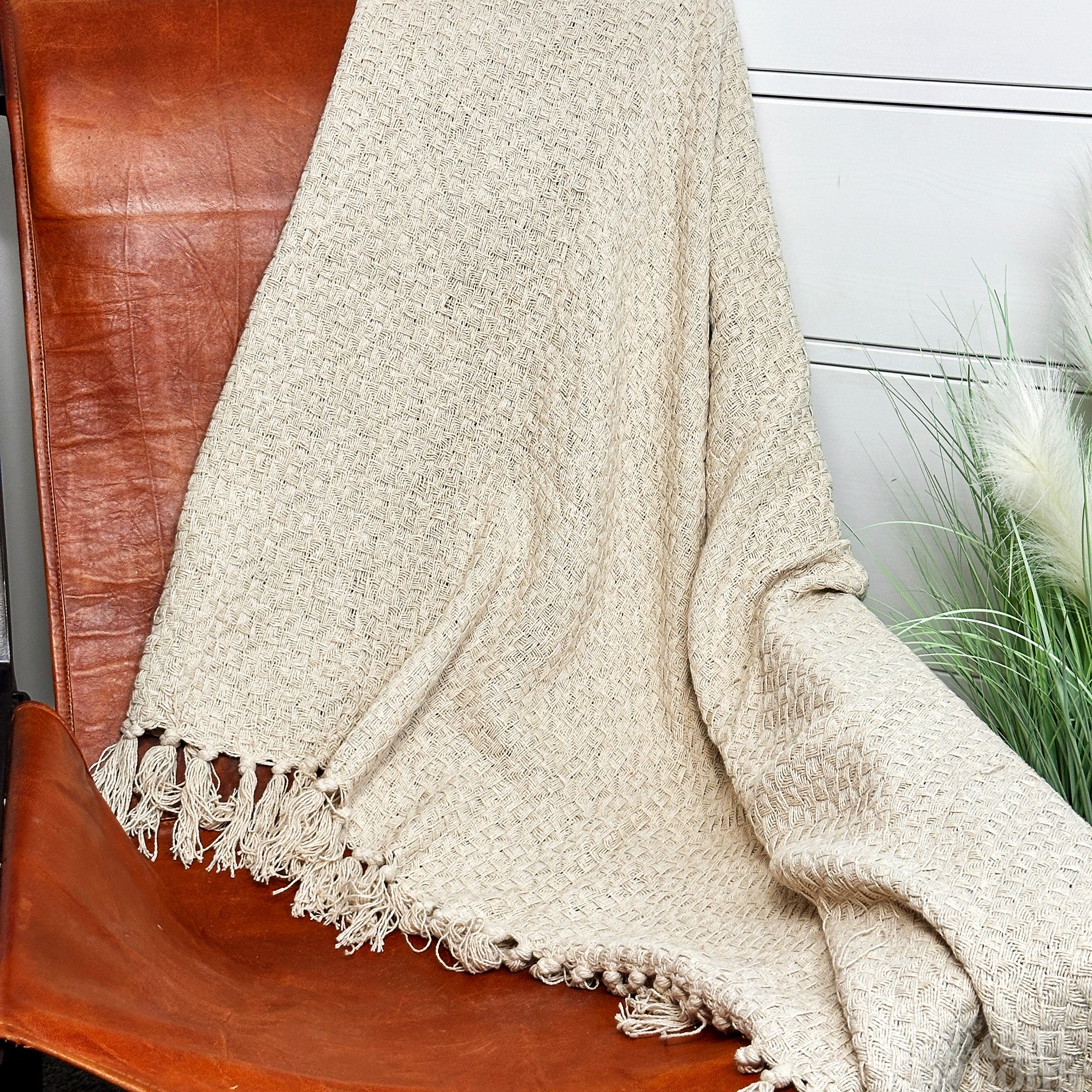 Beige Plaid Cotton Fringed Throw 170cm x130cm