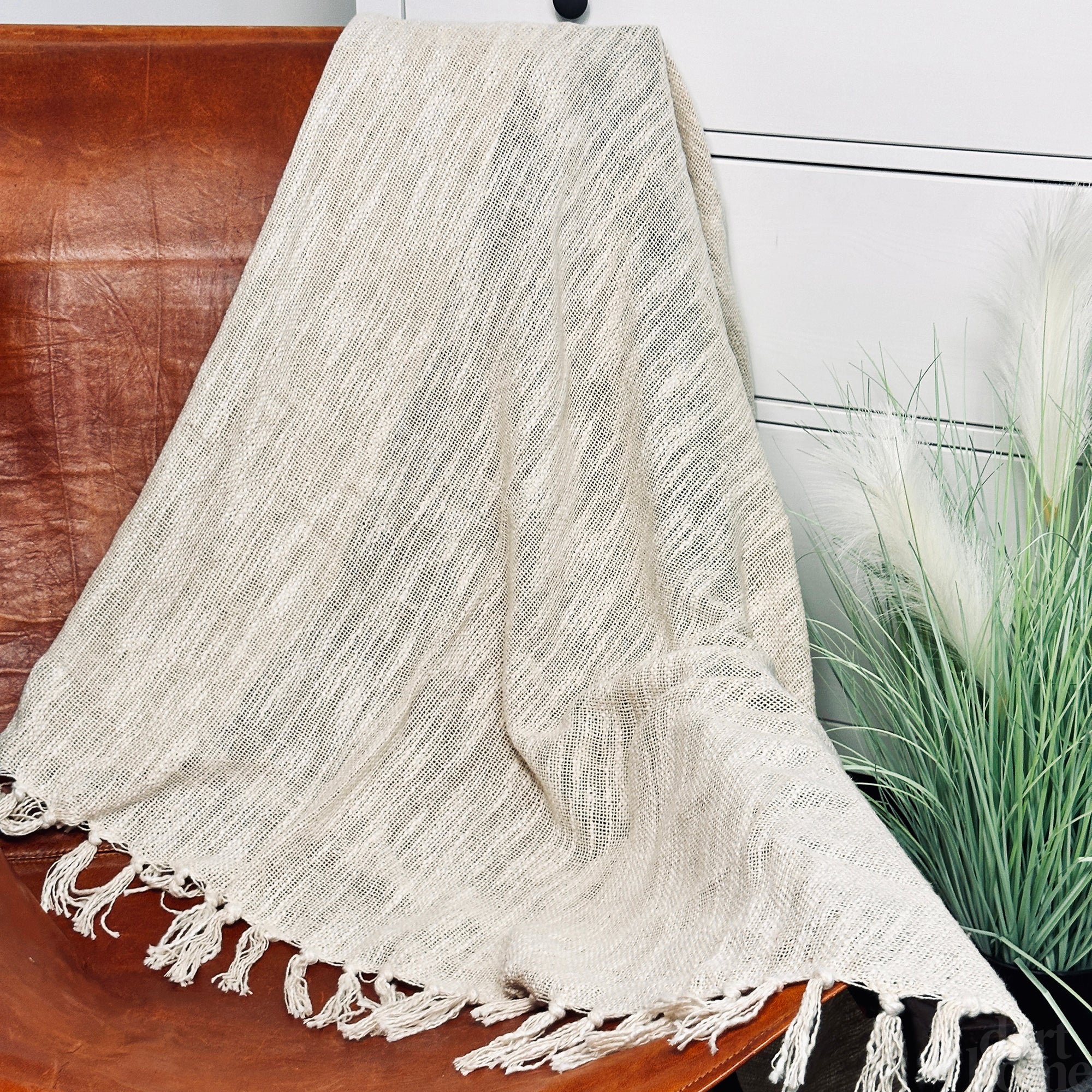 Beige Cotton Fringed Throw 170cm x130cm