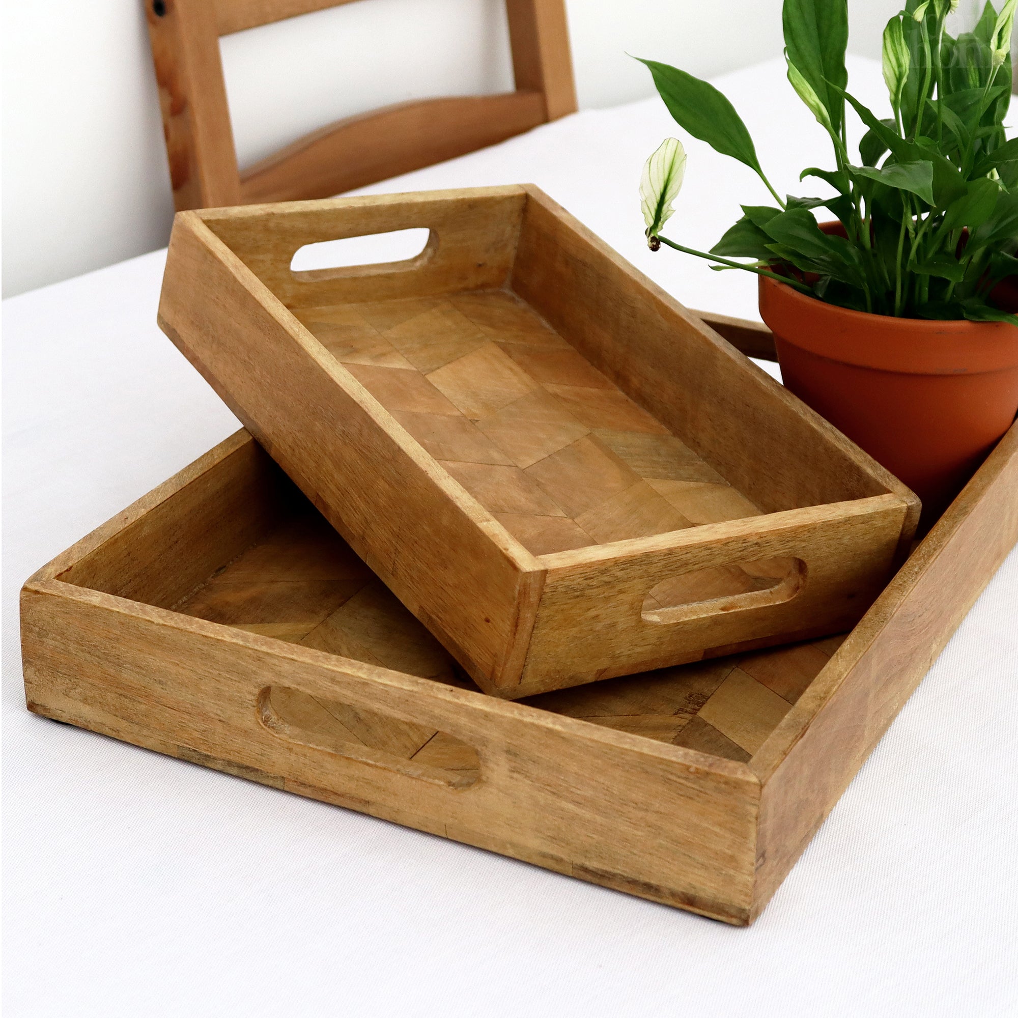 Set Of 2 Rectangle Herringbone Wooden Trays