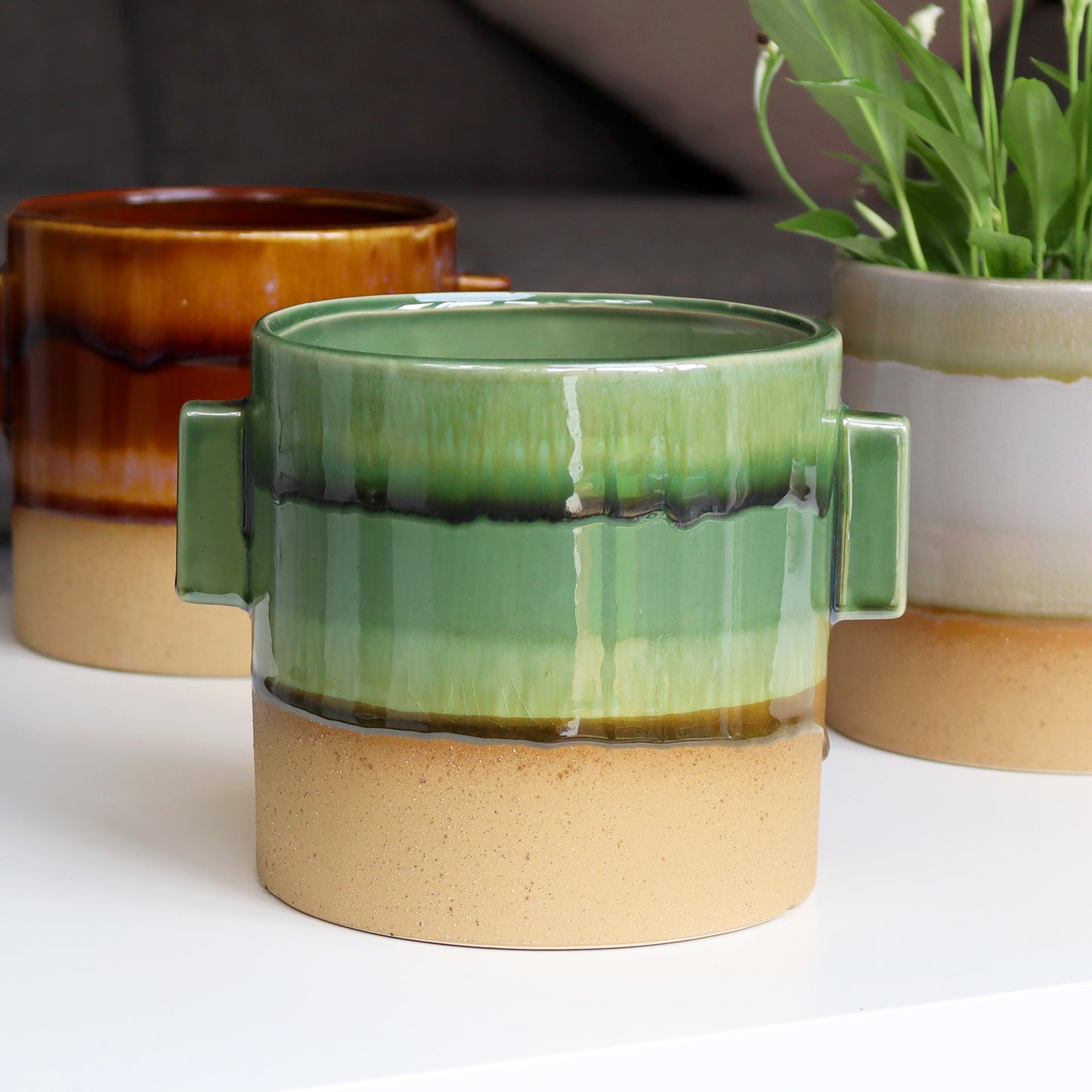 Green Reactive Glaze Plant Pot With Ears