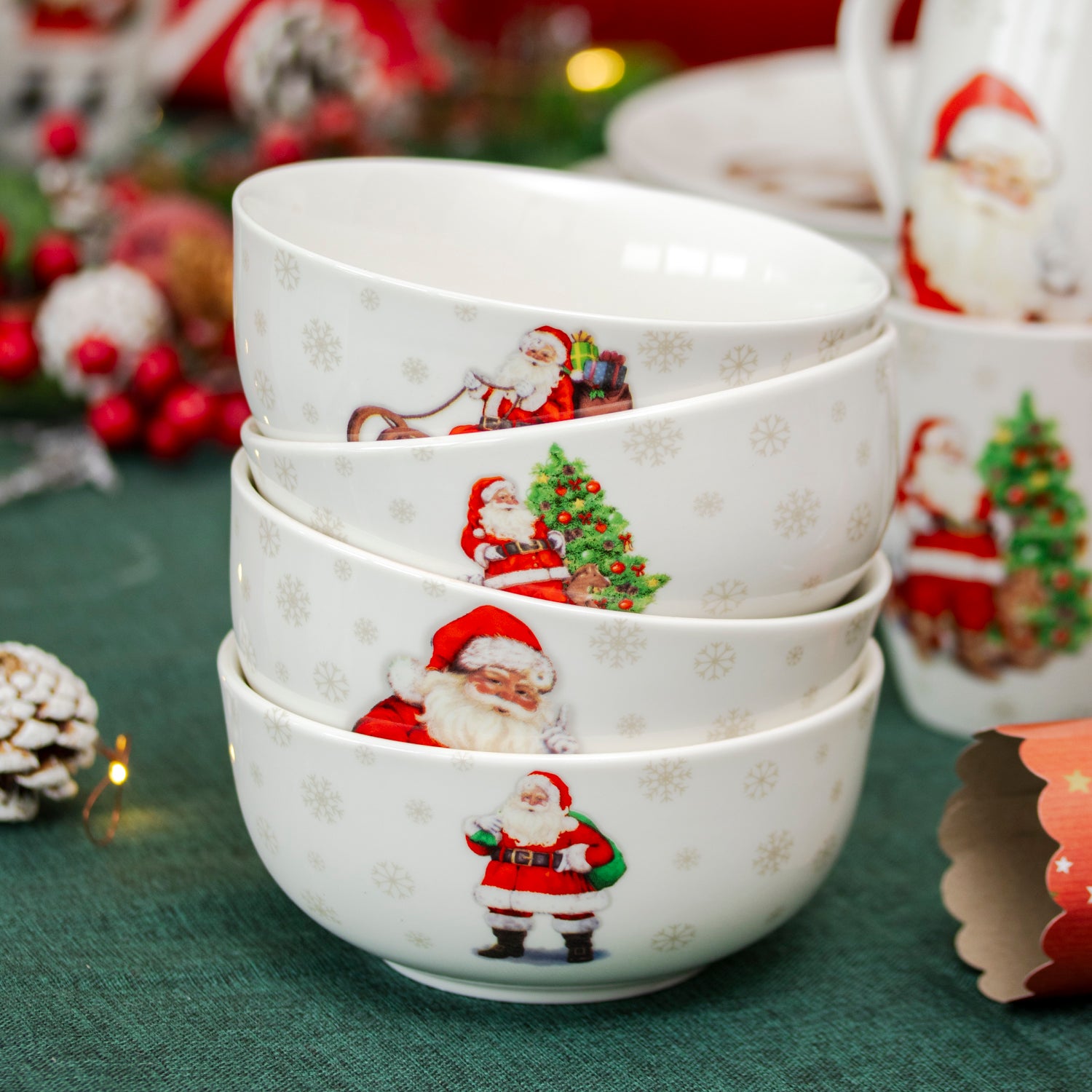 Set Of 4 Father Christmas Print Cereal Bowls