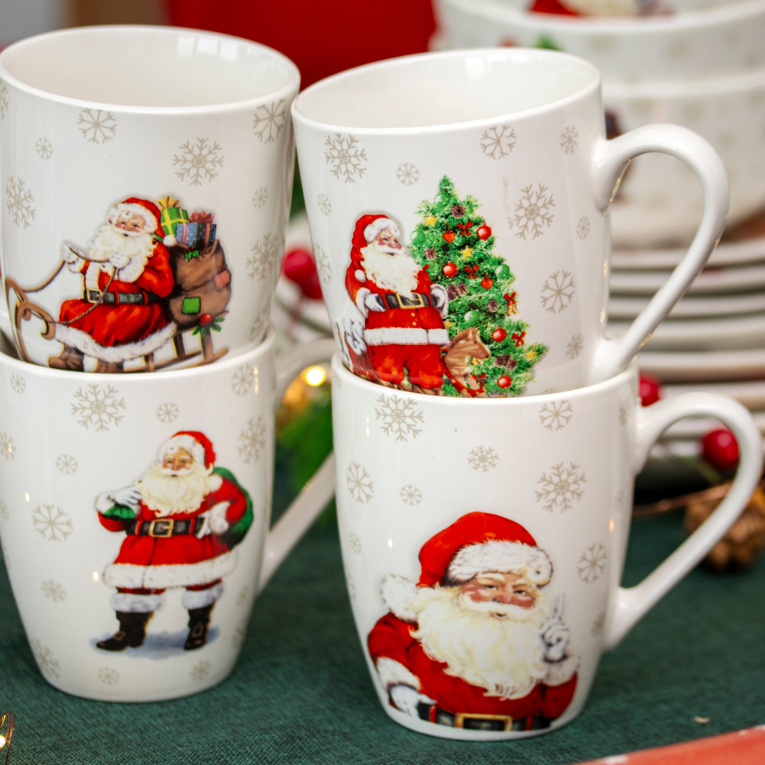Set Of 4 Father Christmas Print Mugs