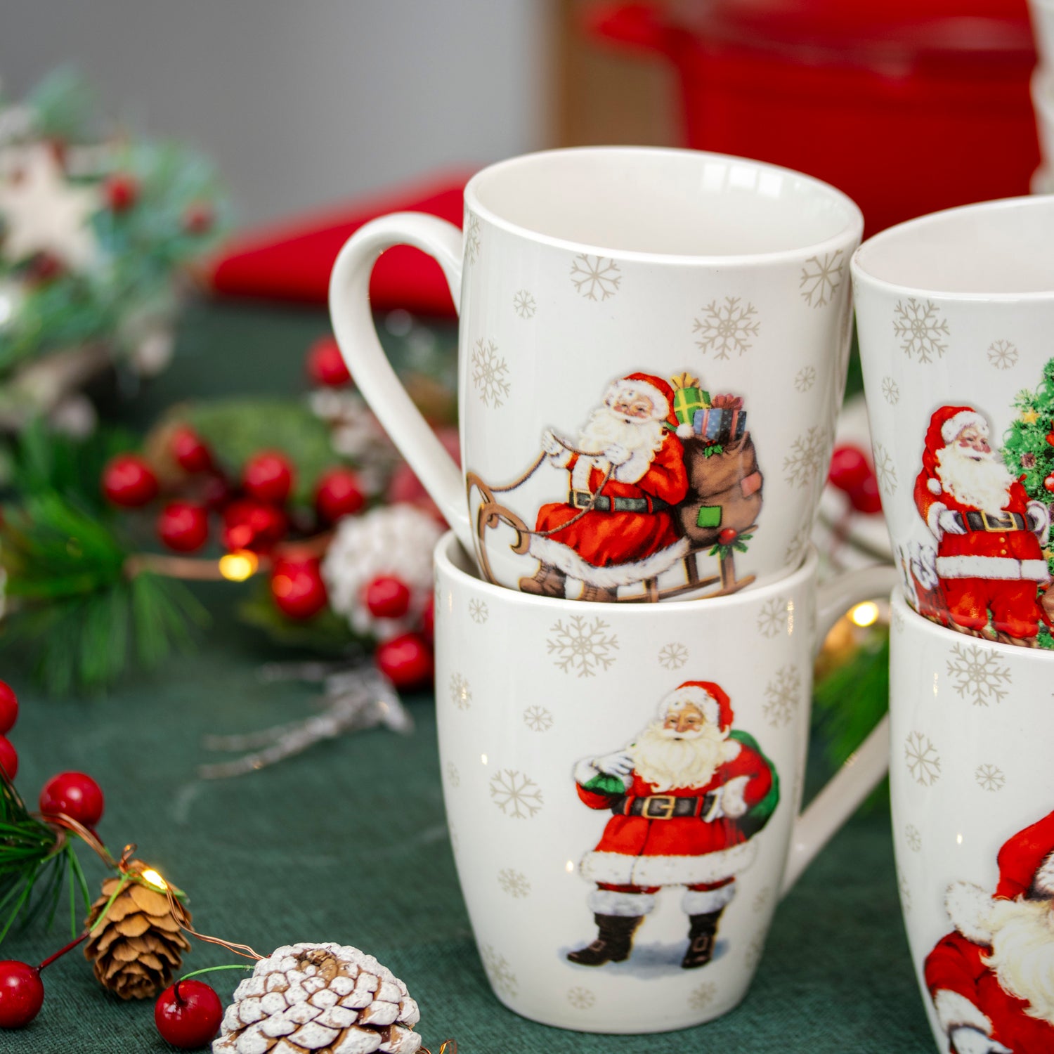 Set Of 4 Father Christmas Print Mugs