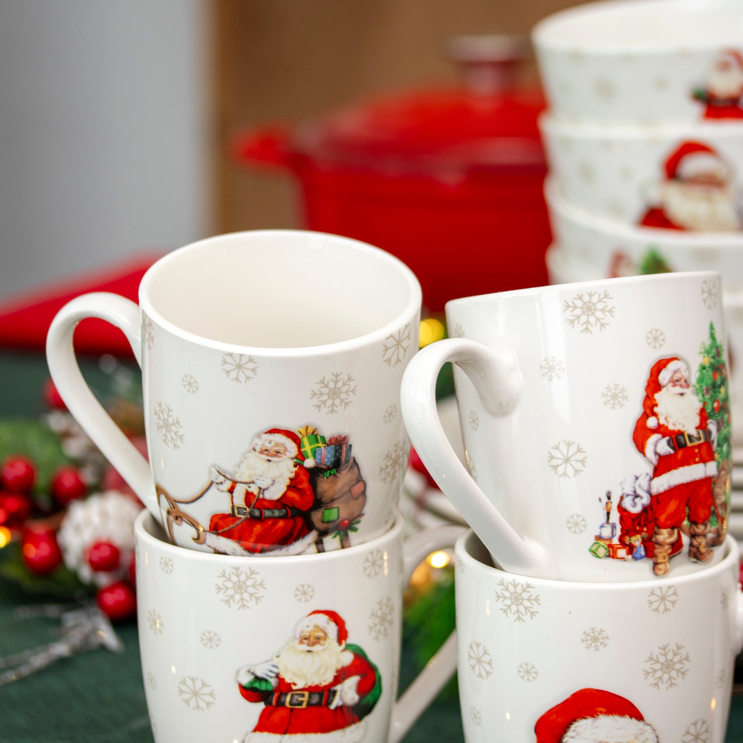 Set Of 4 Father Christmas Print Mugs