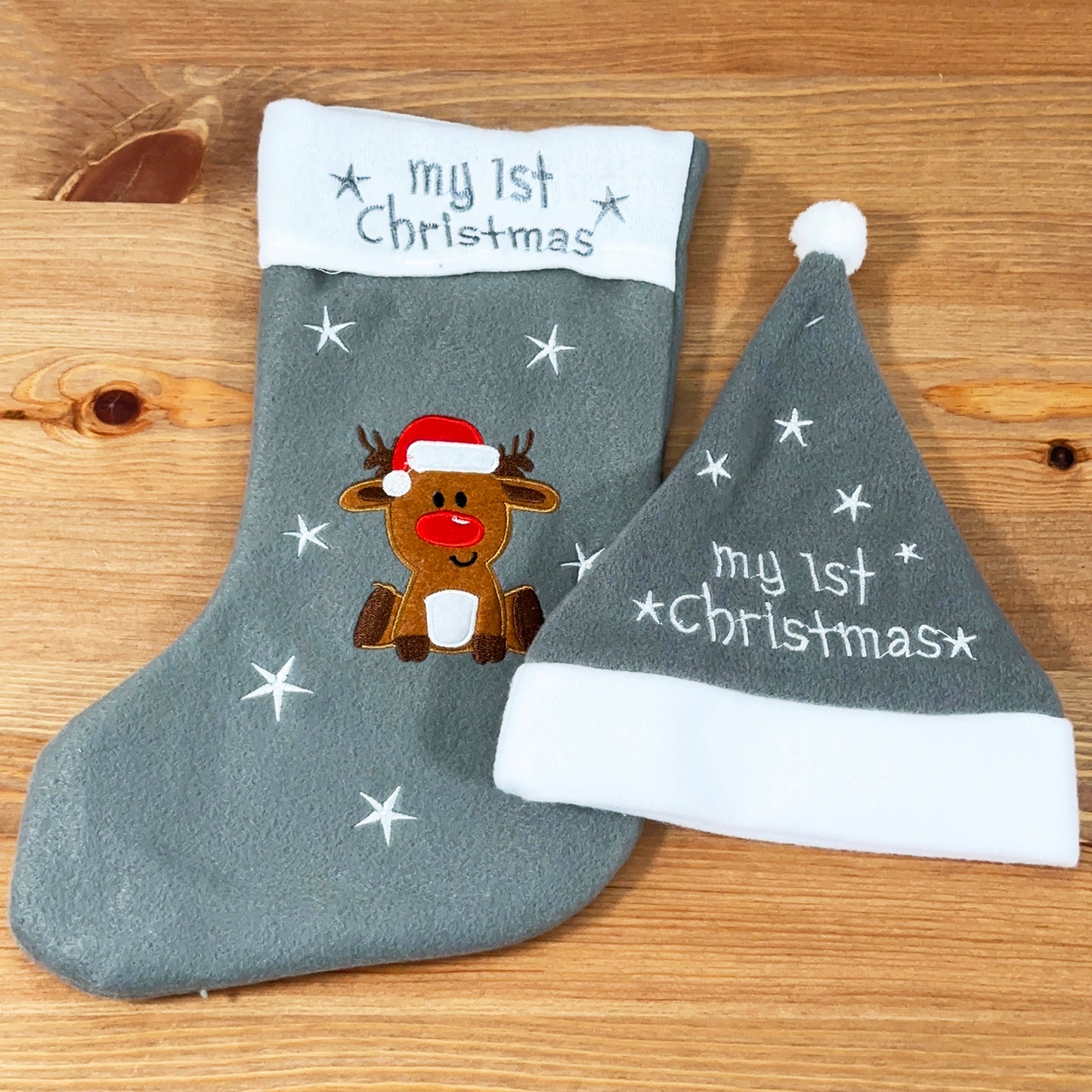 Grey Reindeer My 1st Christmas Hat And Stocking Set