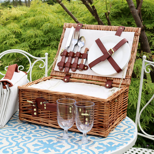 2 Person Fitted White Wicker Picnic Basket
