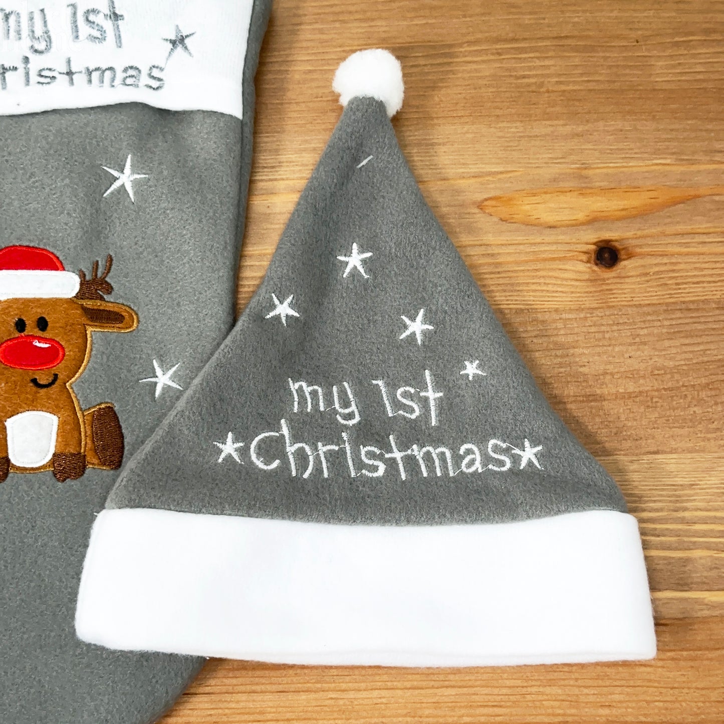 Grey Reindeer My 1st Christmas Hat And Stocking Set
