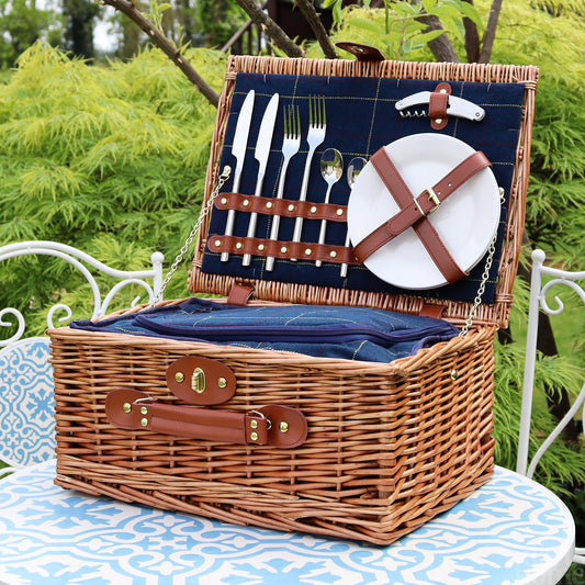 2 Person Fitted Blue Tweed Wicker Picnic Basket