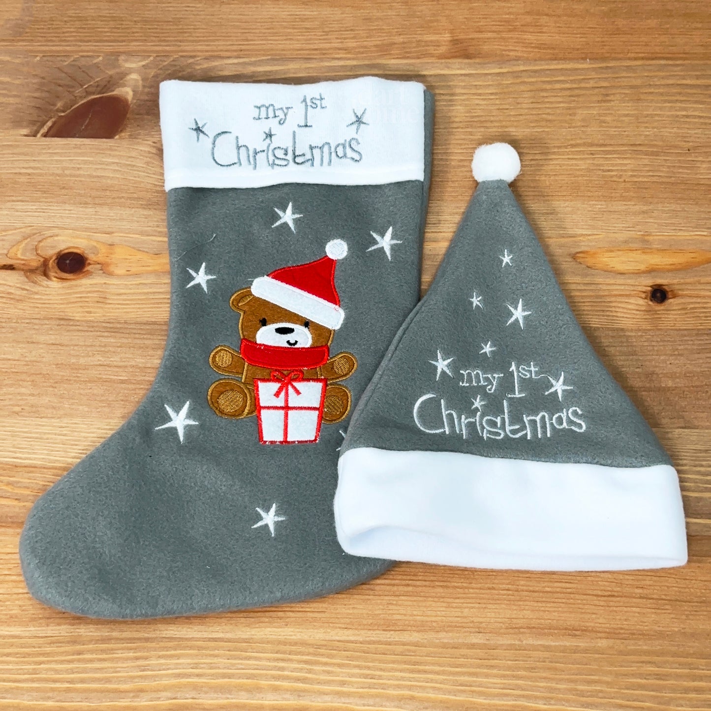 Grey Teddy Bear My 1st Christmas Hat And Stocking Set