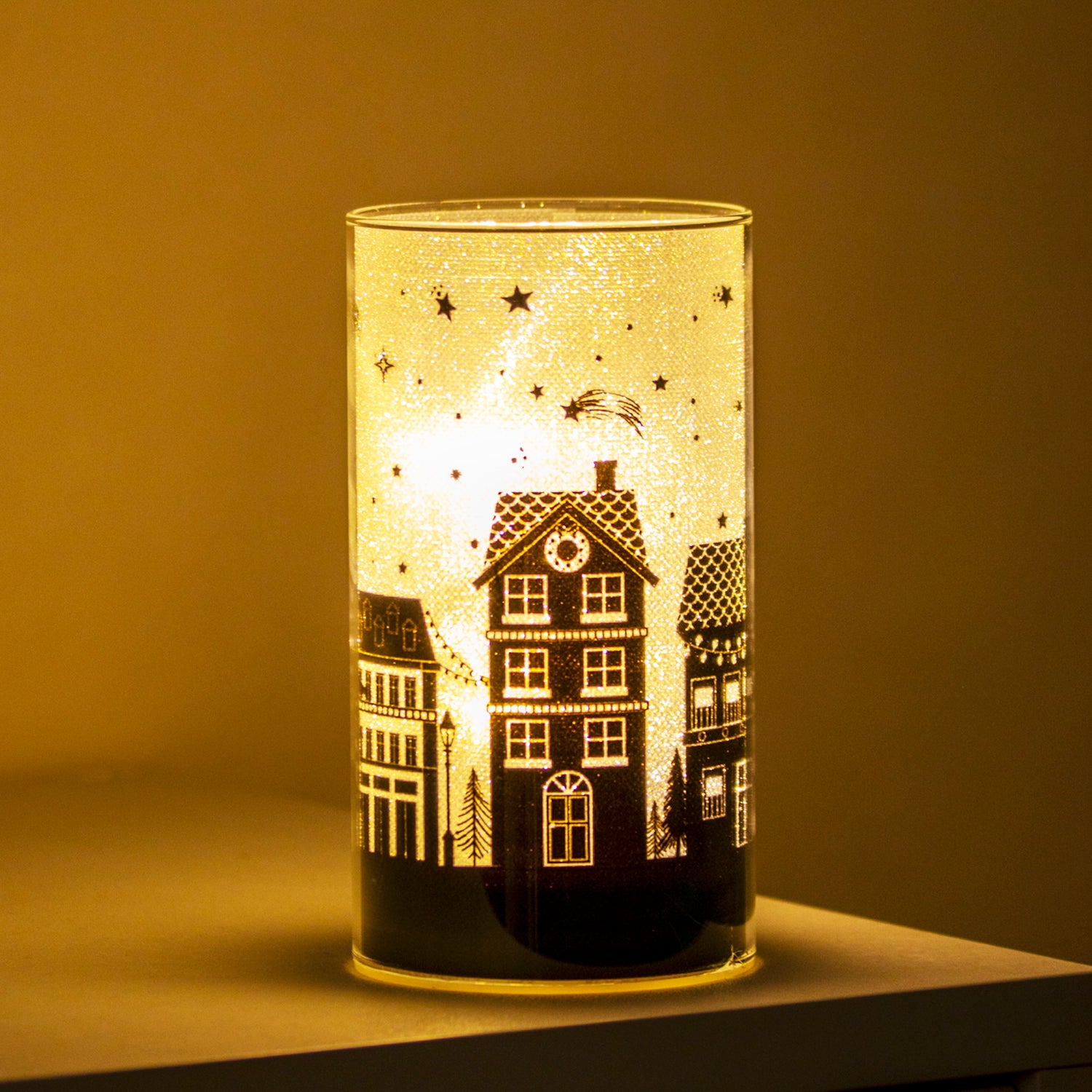 Light Up Christmas Houses Silhouette Glass Lantern