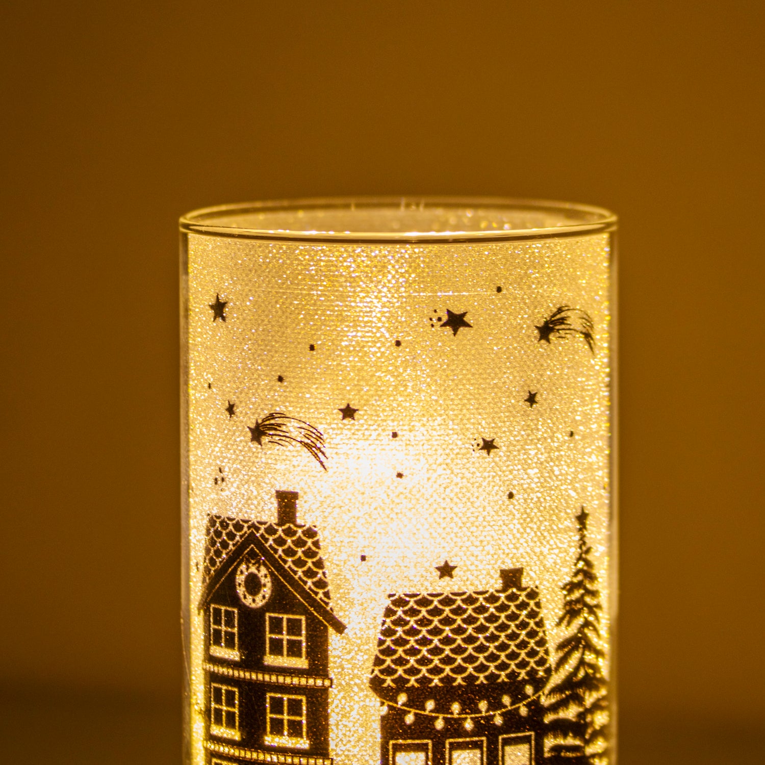 Light Up Christmas Houses Silhouette Glass Lantern