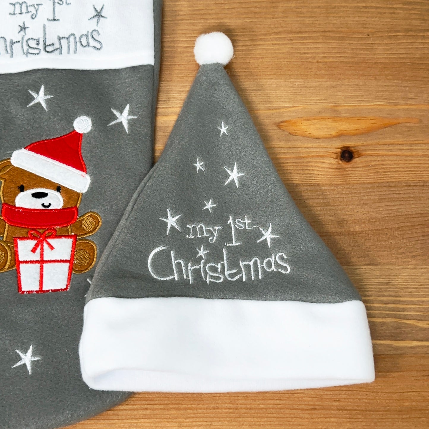 Grey Teddy Bear My 1st Christmas Hat And Stocking Set
