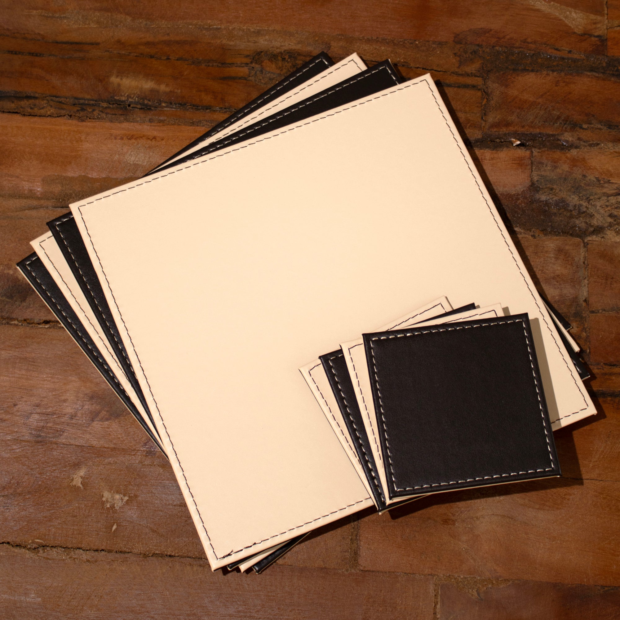 Set of 4 Cream/Brown Reversible Faux Leather Placemats & Coasters
