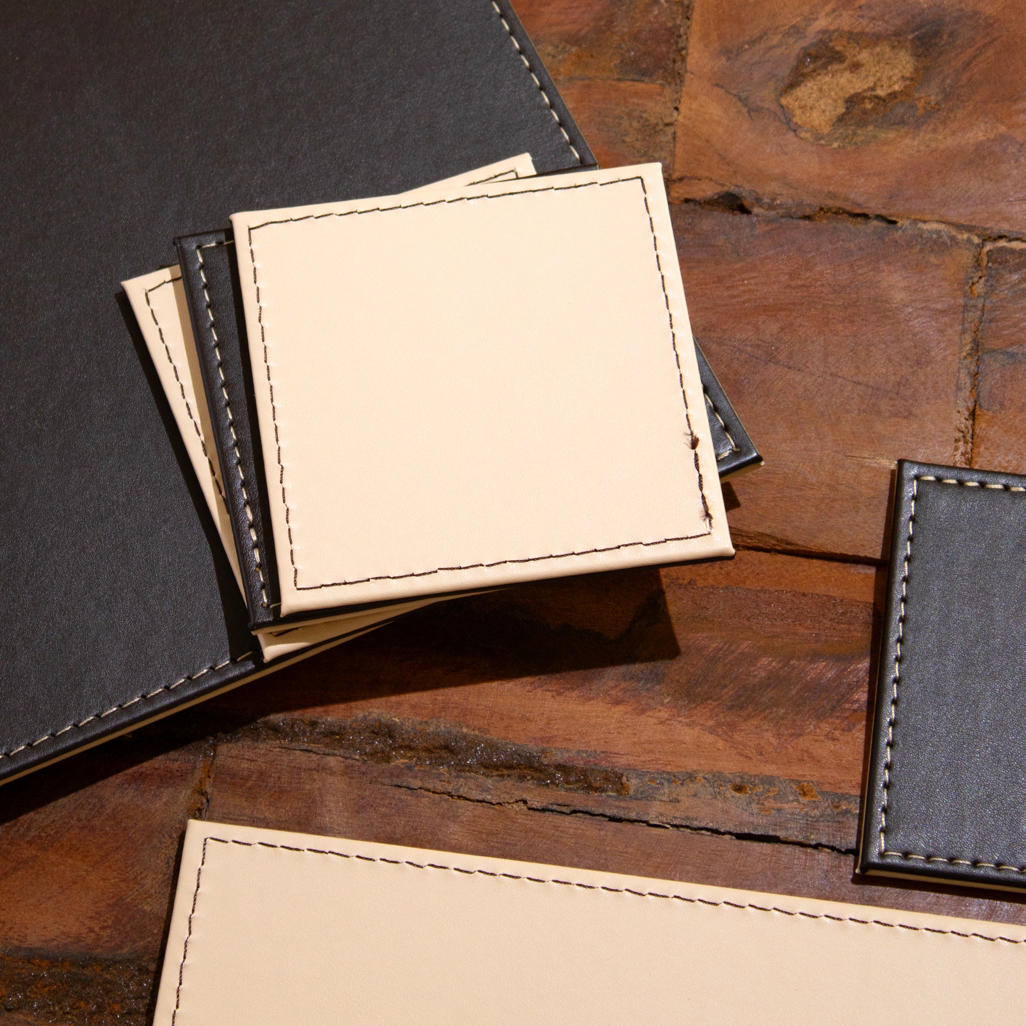 Set of 4 Cream/Brown Reversible Faux Leather Placemats & Coasters