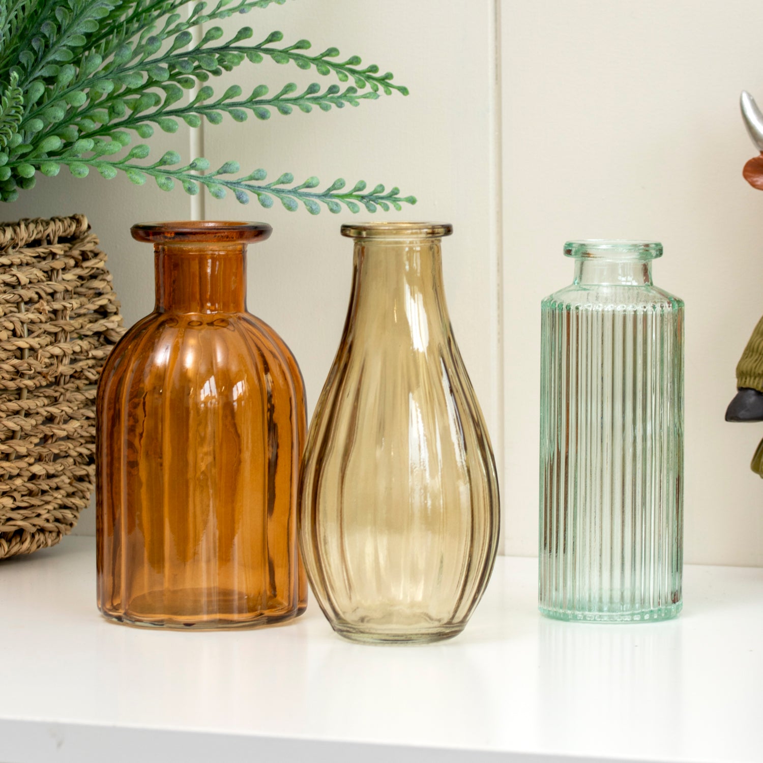 Set Of 3 Neutral Ribbed Glass Bud Vases