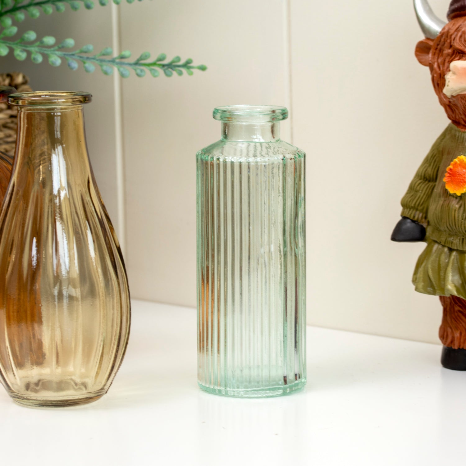 Set Of 3 Neutral Ribbed Glass Bud Vases