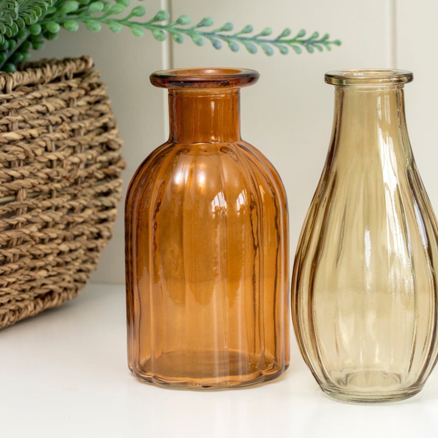 Set Of 3 Neutral Ribbed Glass Bud Vases