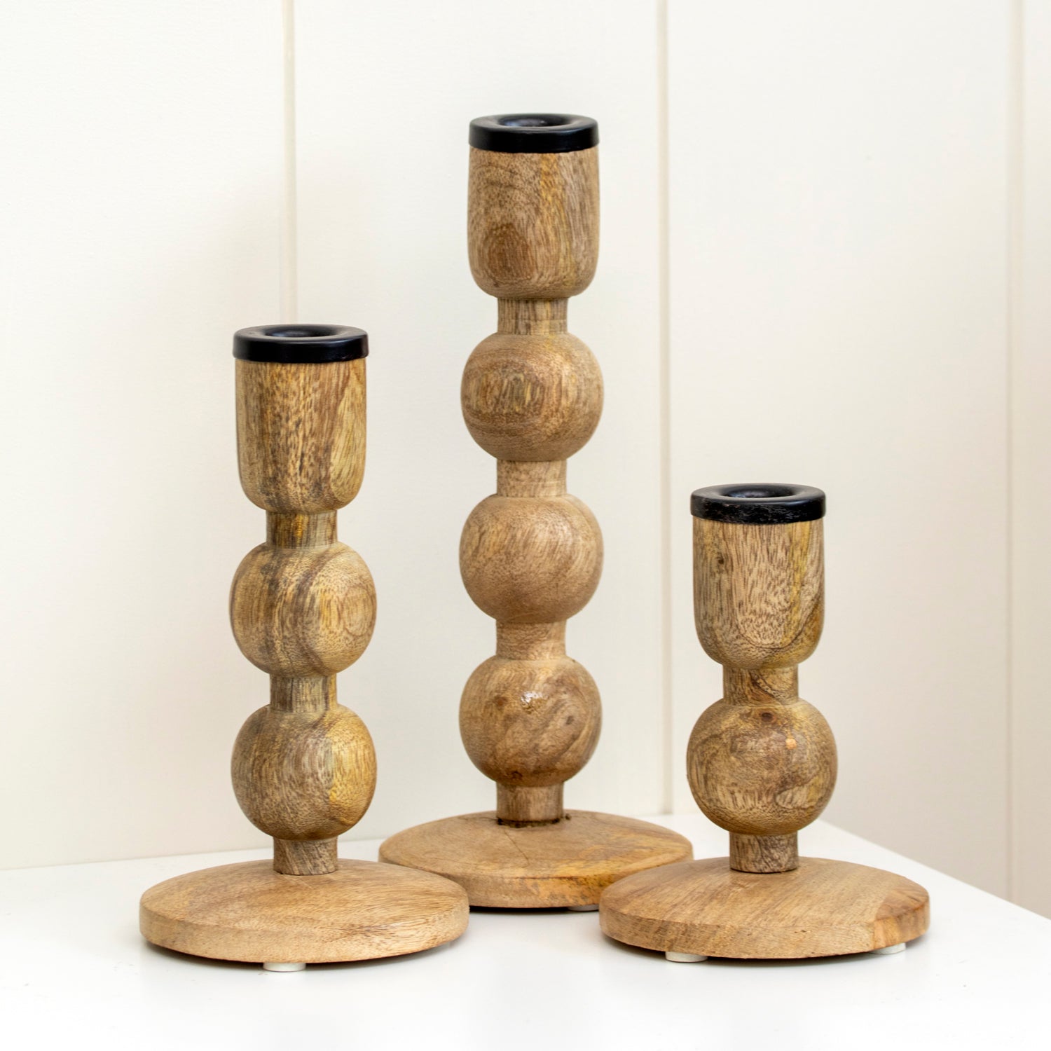 Set Of 3 Mango Wood Bobble Candlestick Holders