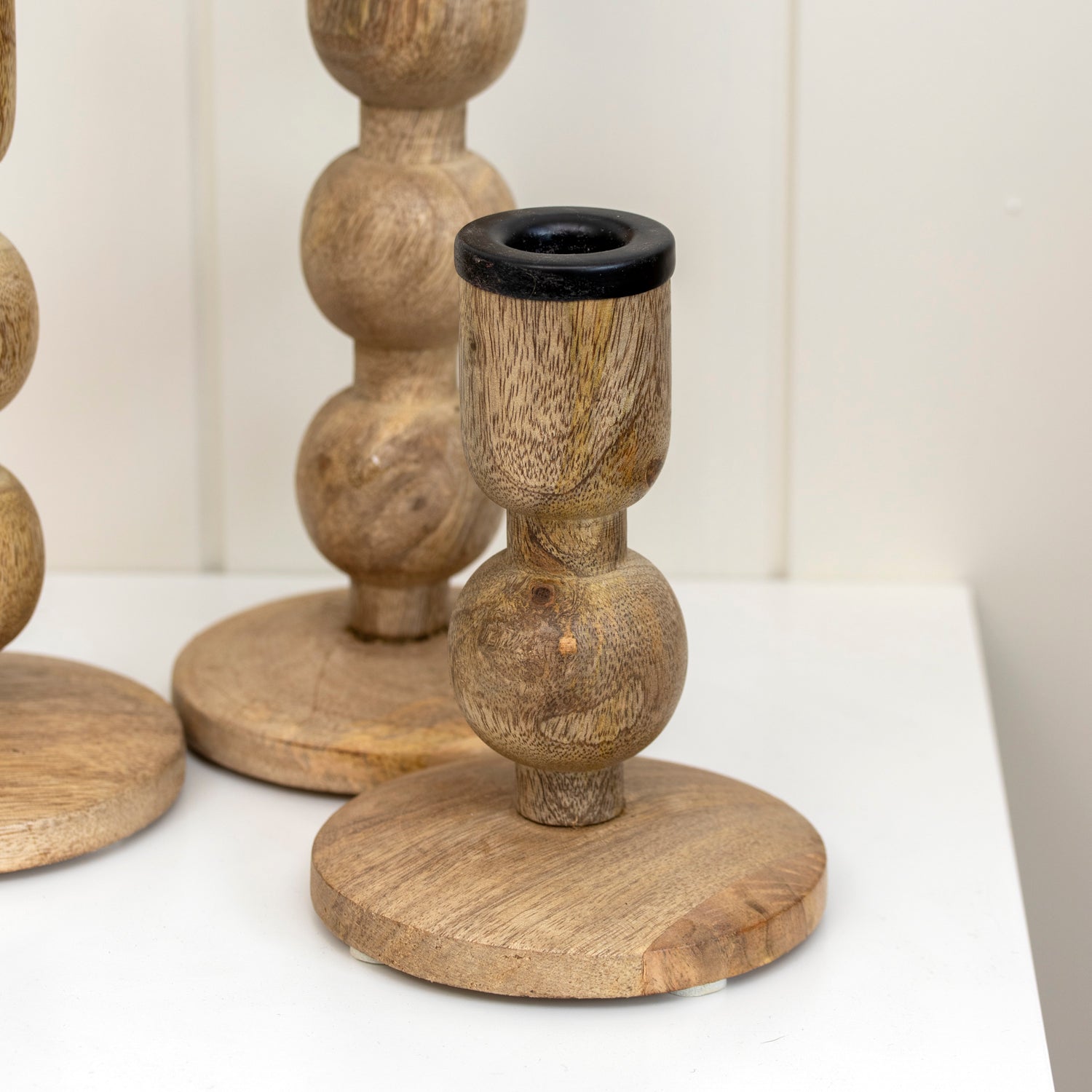 Set Of 3 Mango Wood Bobble Candlestick Holders
