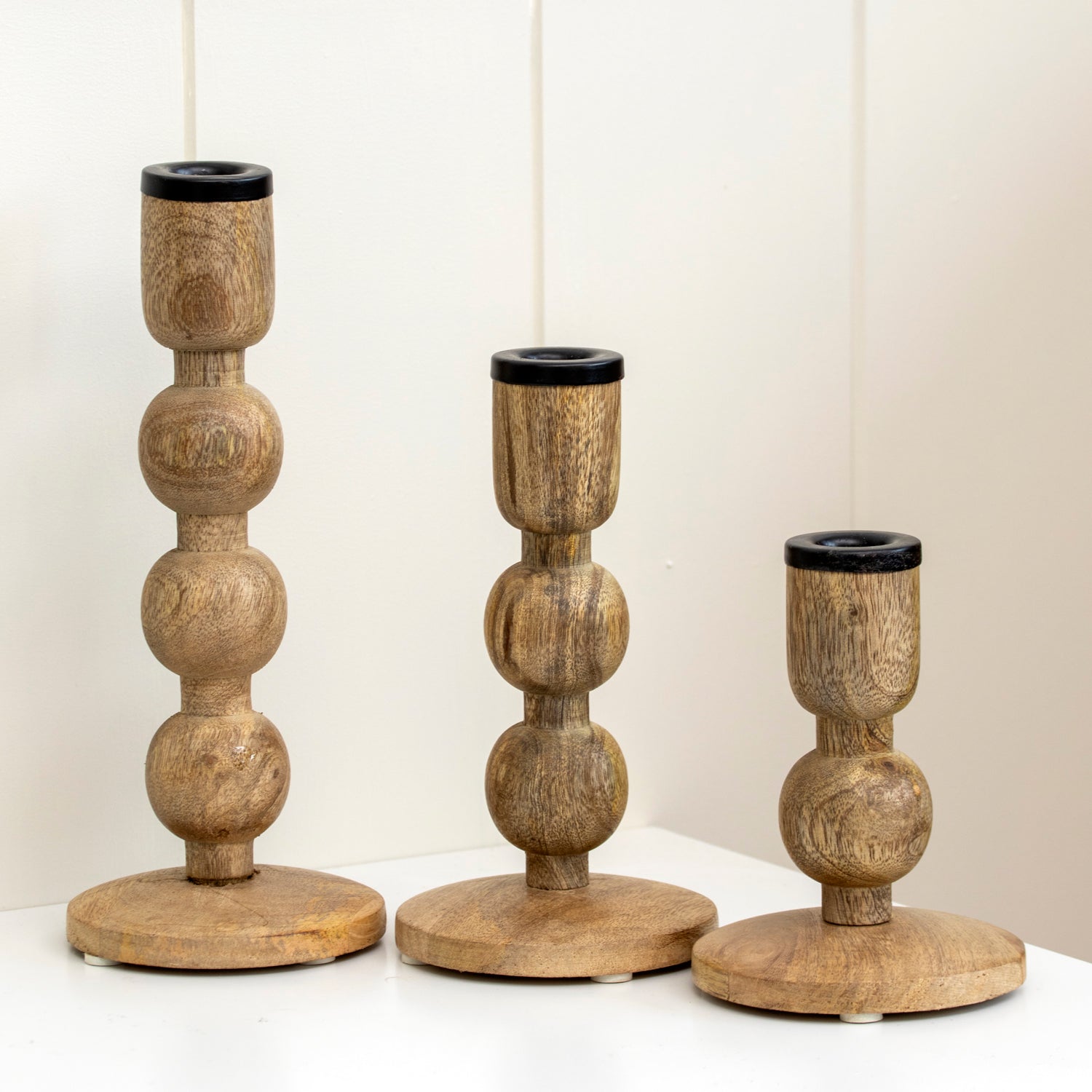 Set Of 3 Mango Wood Bobble Candlestick Holders