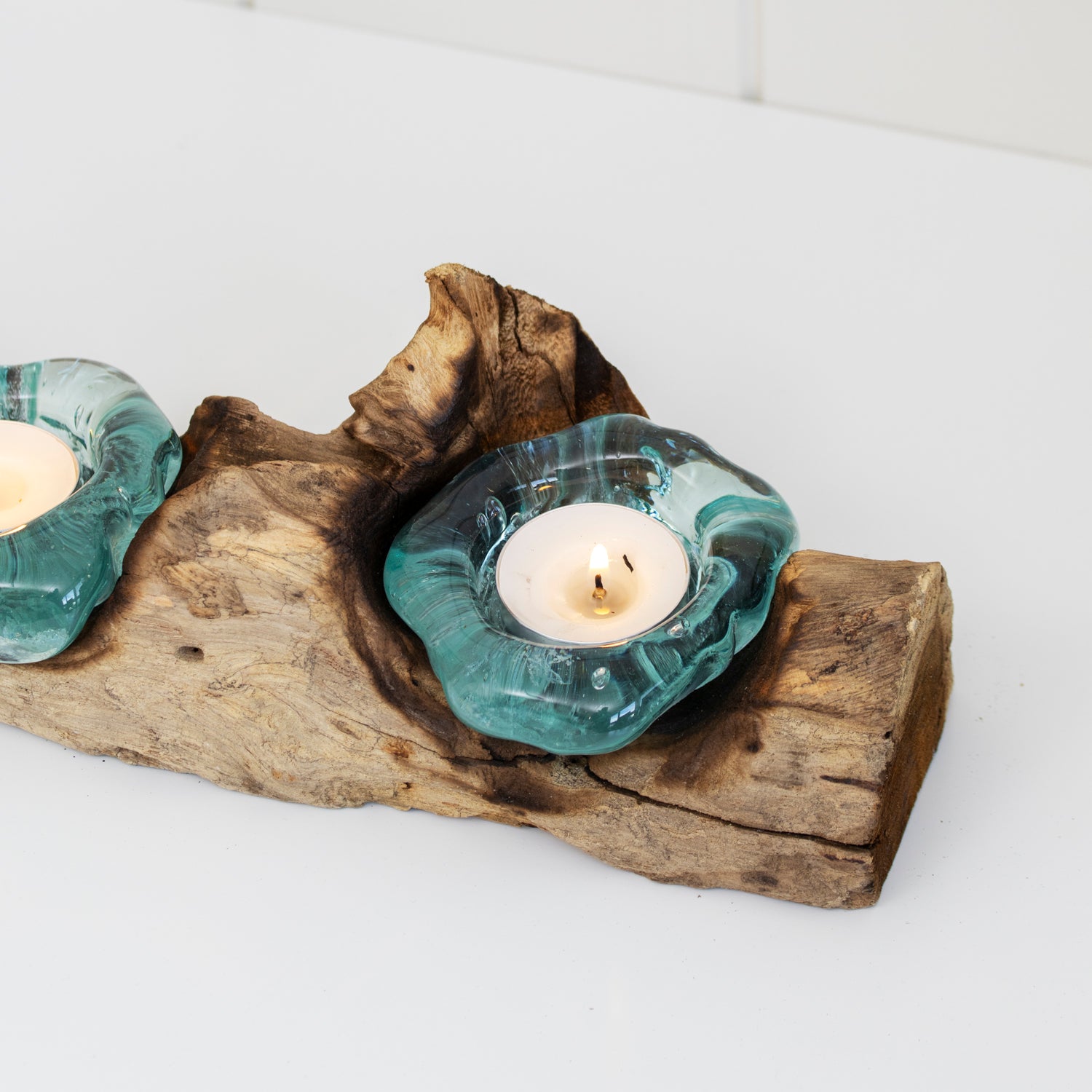 Molten Glass Triple Candle Holder With Teak Root Base