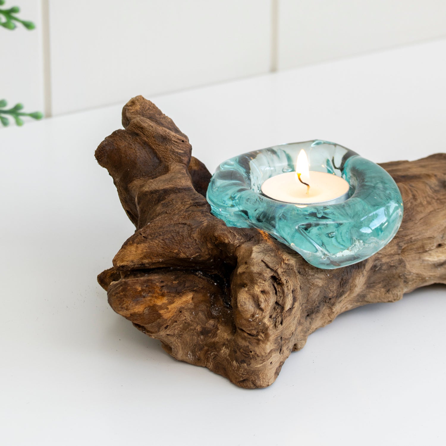Molten Glass Triple Candle Holder With Teak Root Base