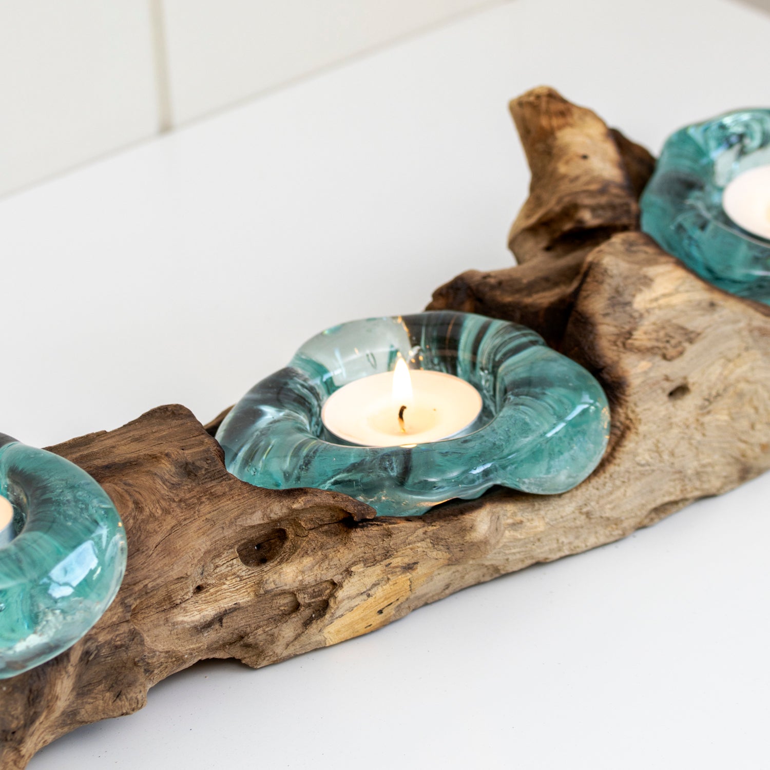 Molten Glass Triple Candle Holder With Teak Root Base