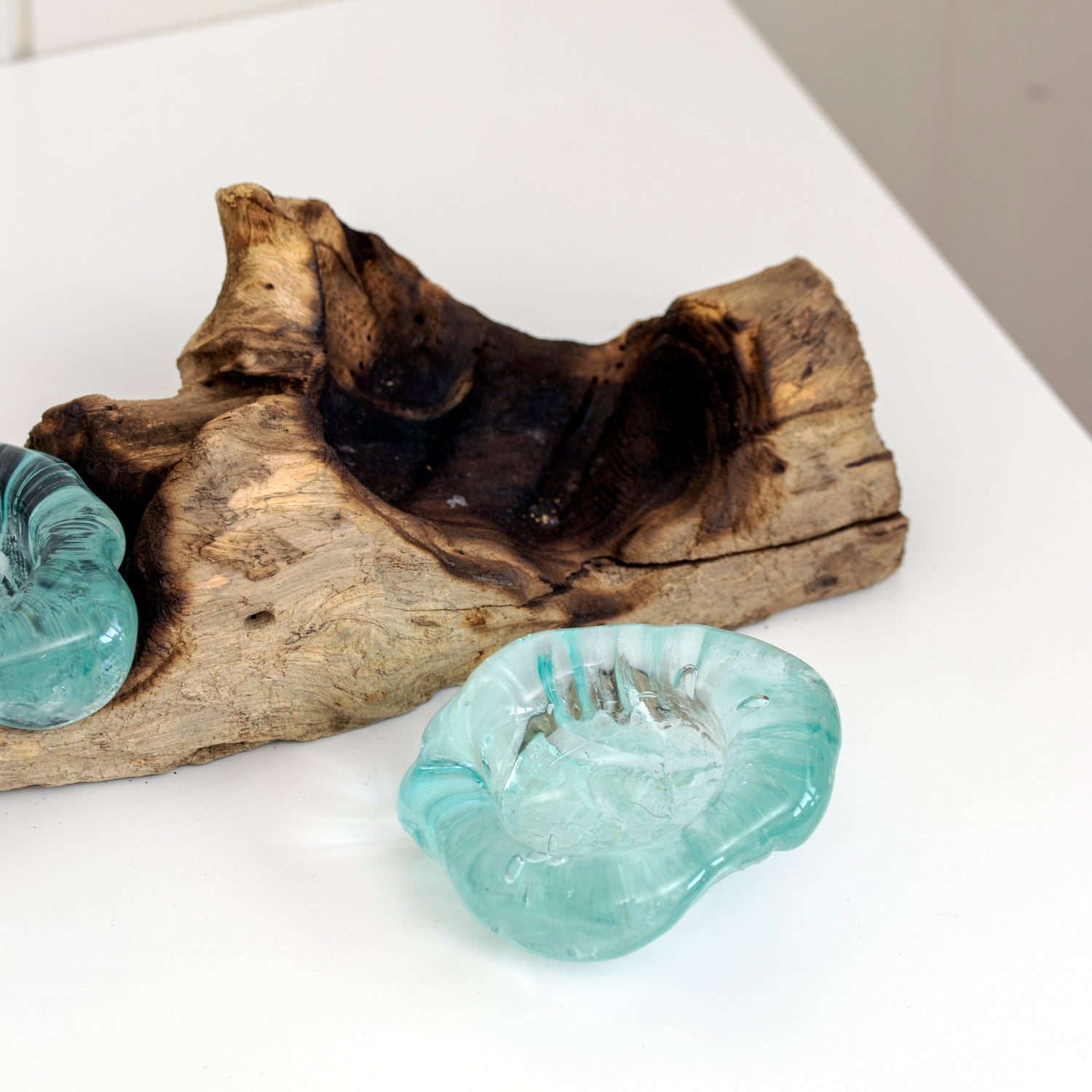 Molten Glass Triple Candle Holder With Teak Root Base