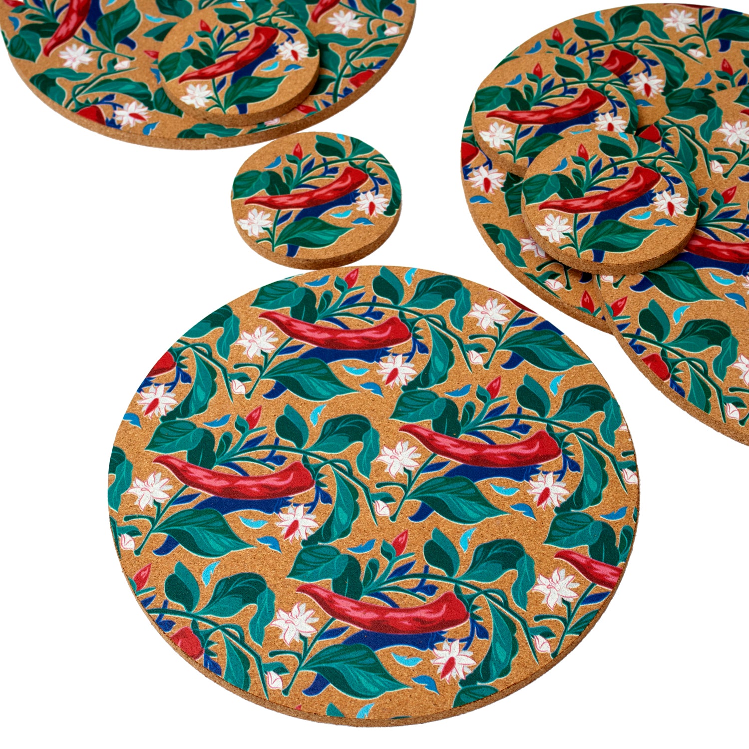 Set Of 4 Botanical Red Chilli Cork Placemats and Coasters