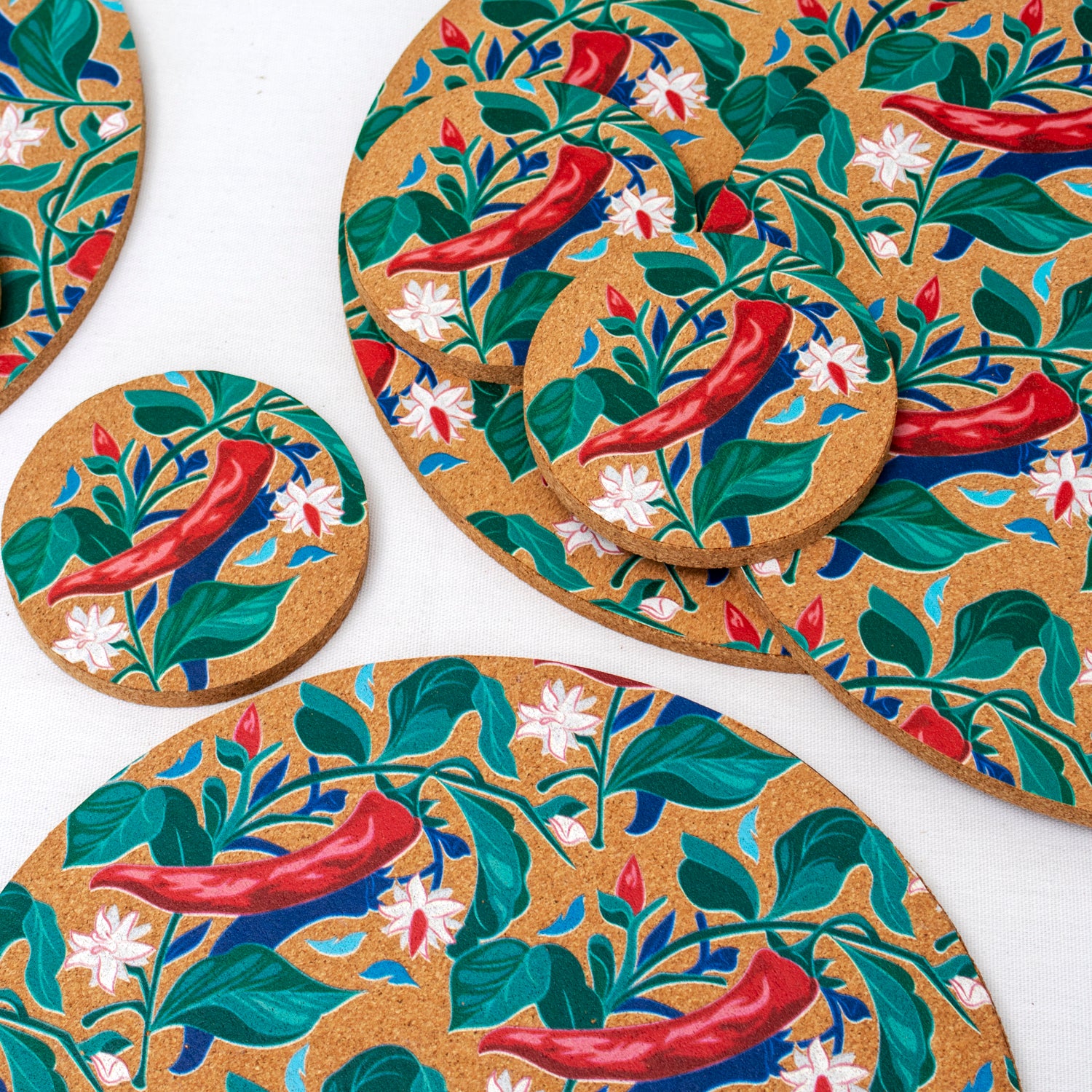 Set Of 4 Botanical Red Chilli Cork Placemats and Coasters